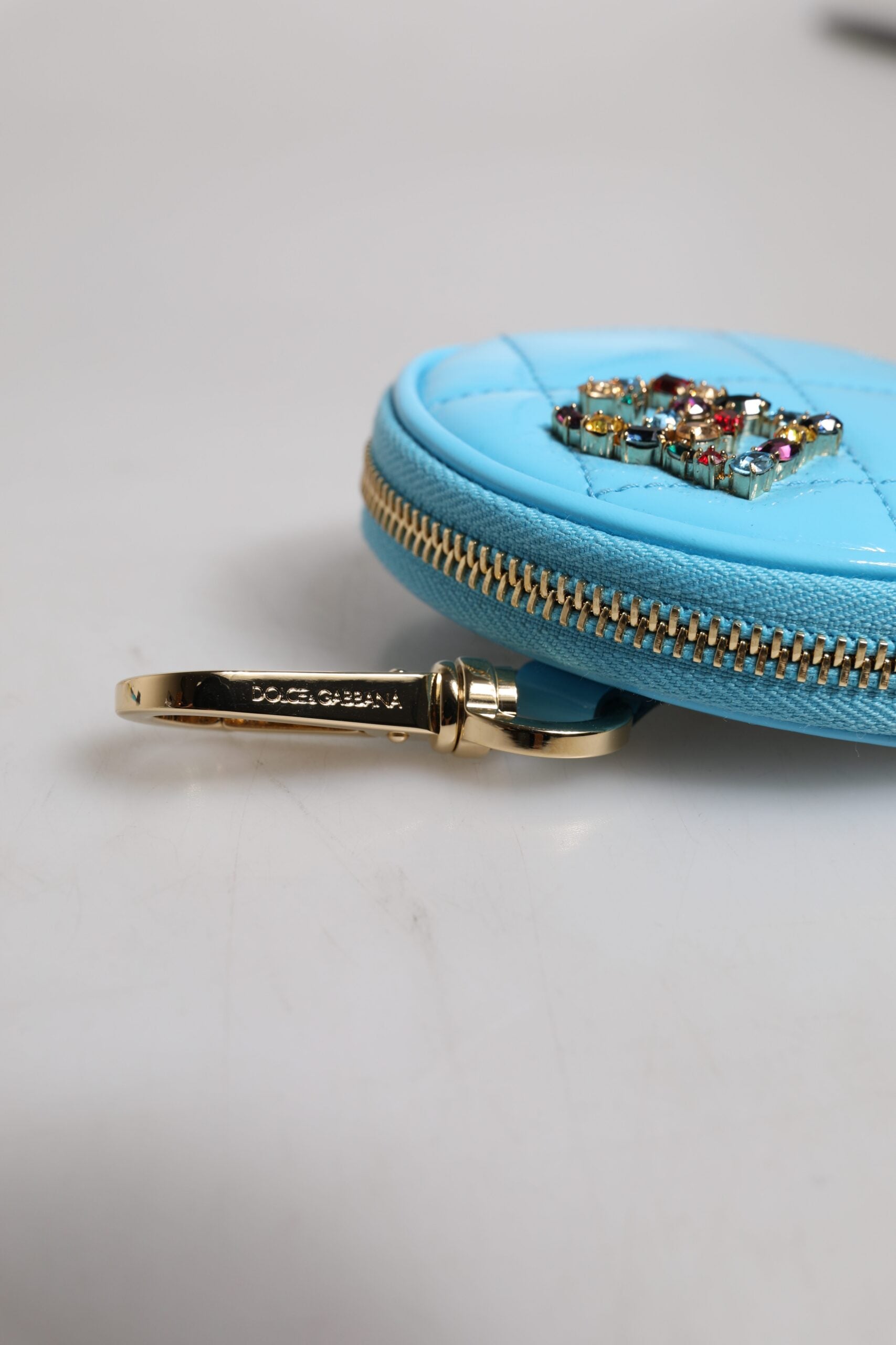 Portefeuille porte-monnaie rond Dolce &amp; Gabbana en cuir d'agneau bleu clair DG Crystal