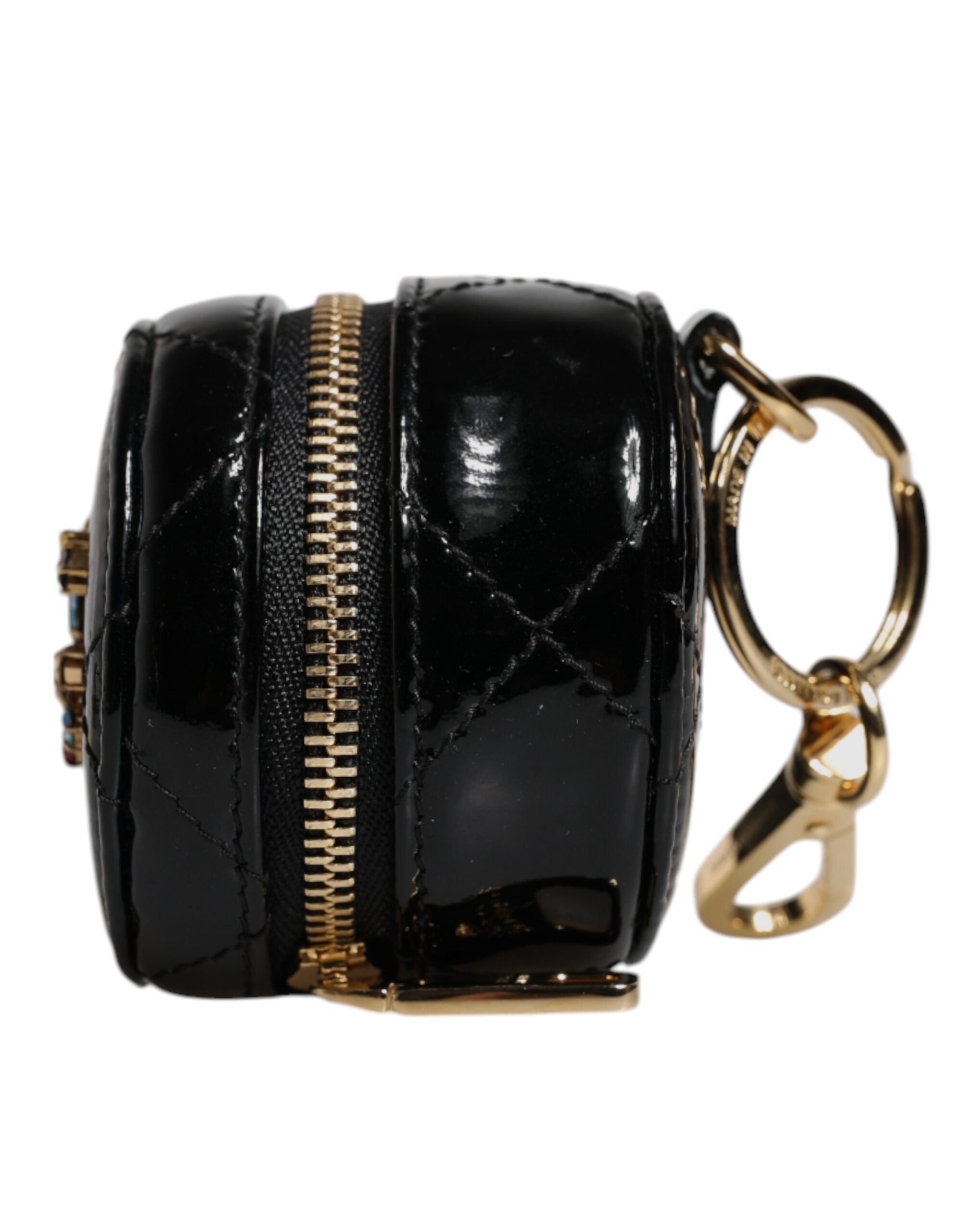 Portefeuille porte-monnaie rond en cuir d'agneau noir Dolce &amp; Gabbana DG Crystal