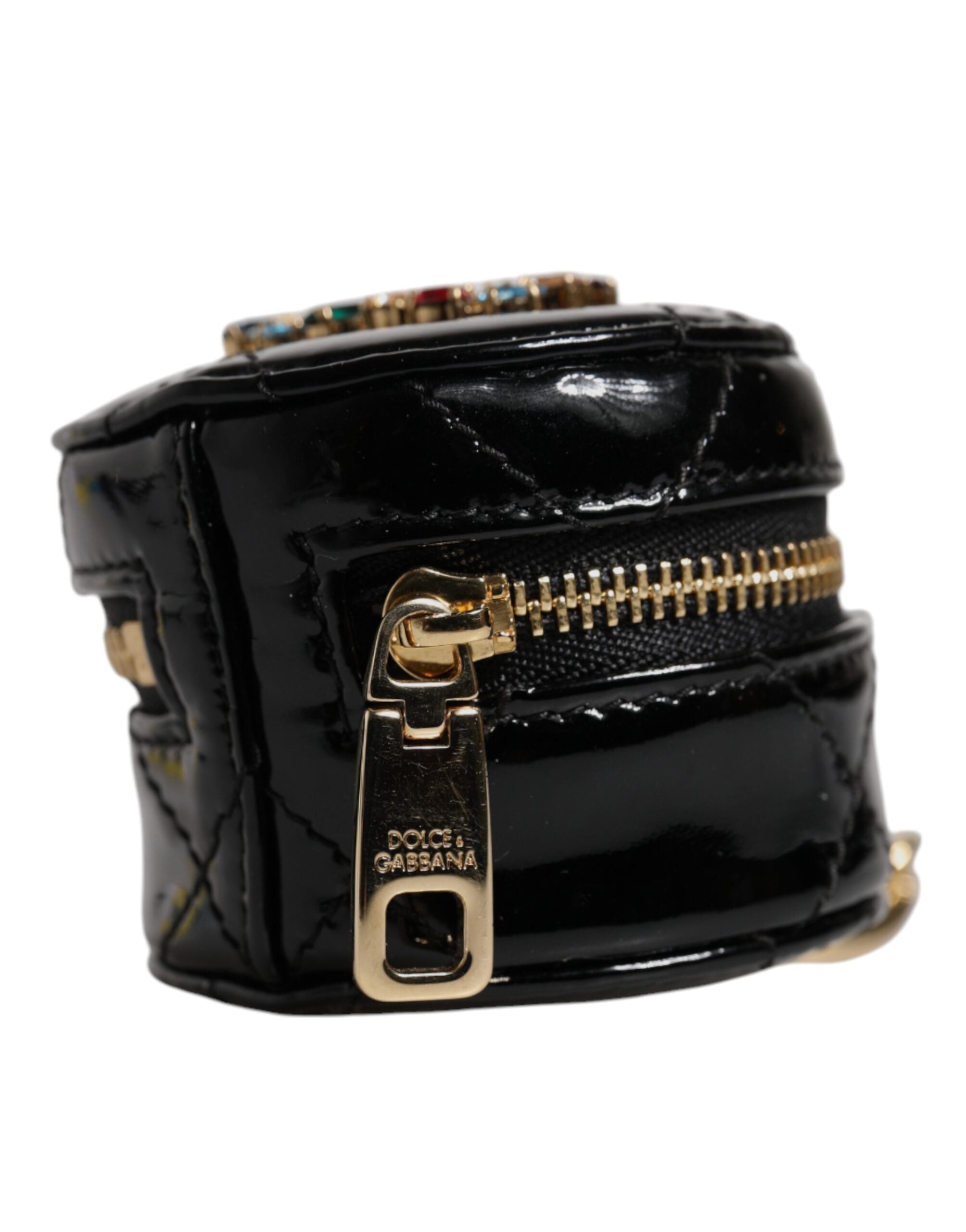Portefeuille porte-monnaie rond en cuir d'agneau noir Dolce &amp; Gabbana DG Crystal