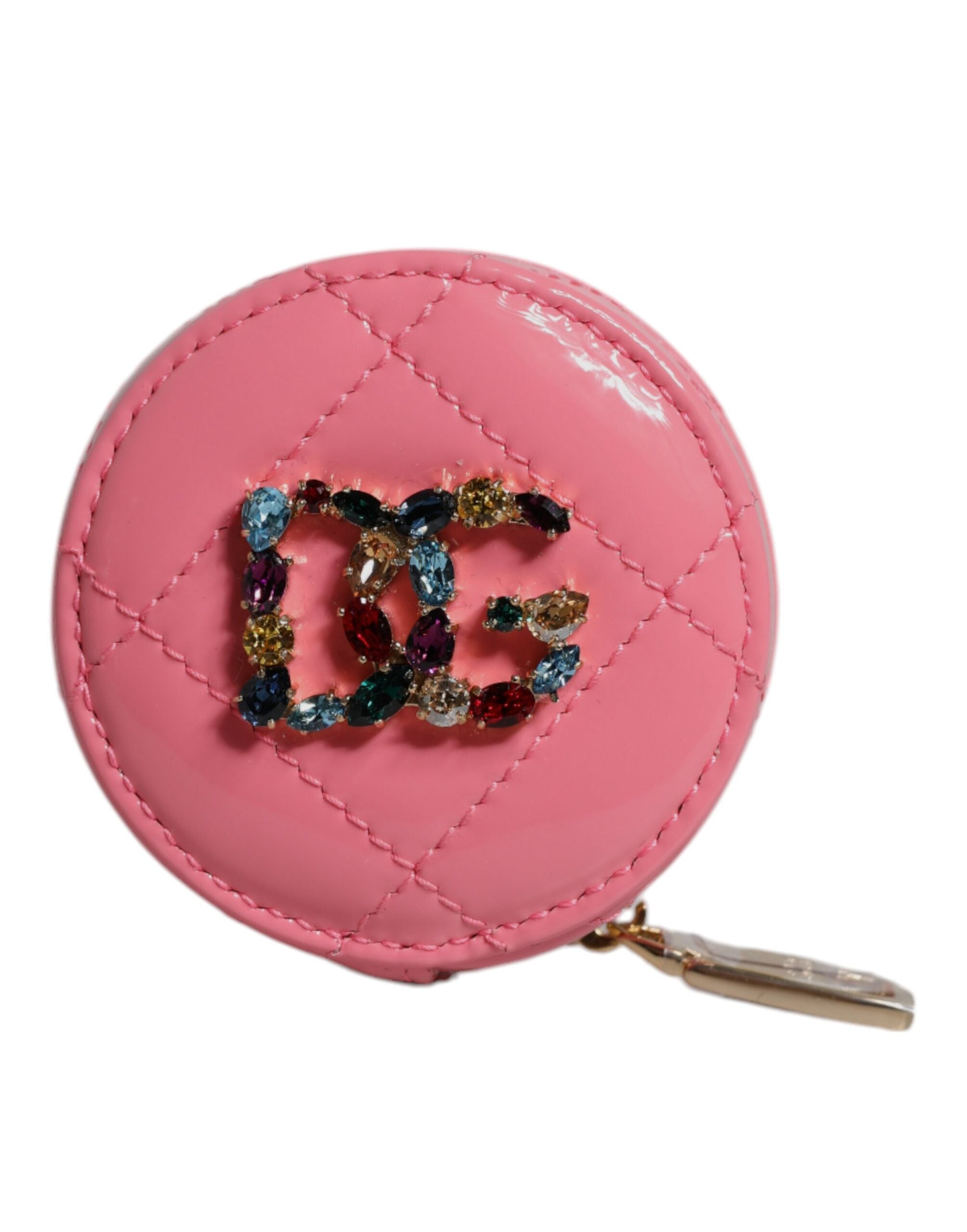 Portefeuille porte-monnaie rond en cuir d'agneau rose Dolce &amp; Gabbana DG Crystal