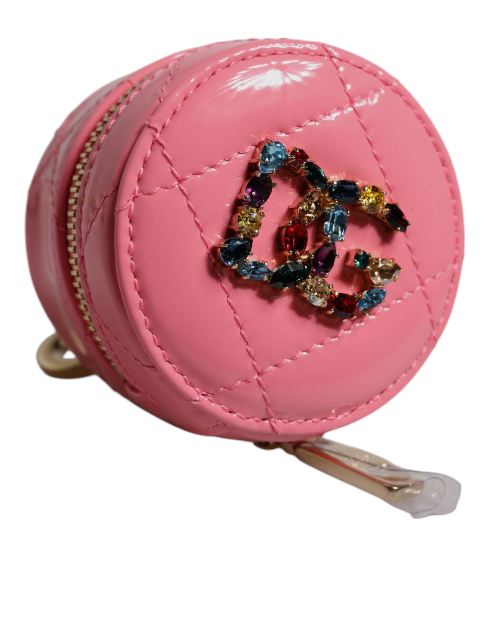 Portefeuille porte-monnaie rond en cuir d'agneau rose Dolce &amp; Gabbana DG Crystal