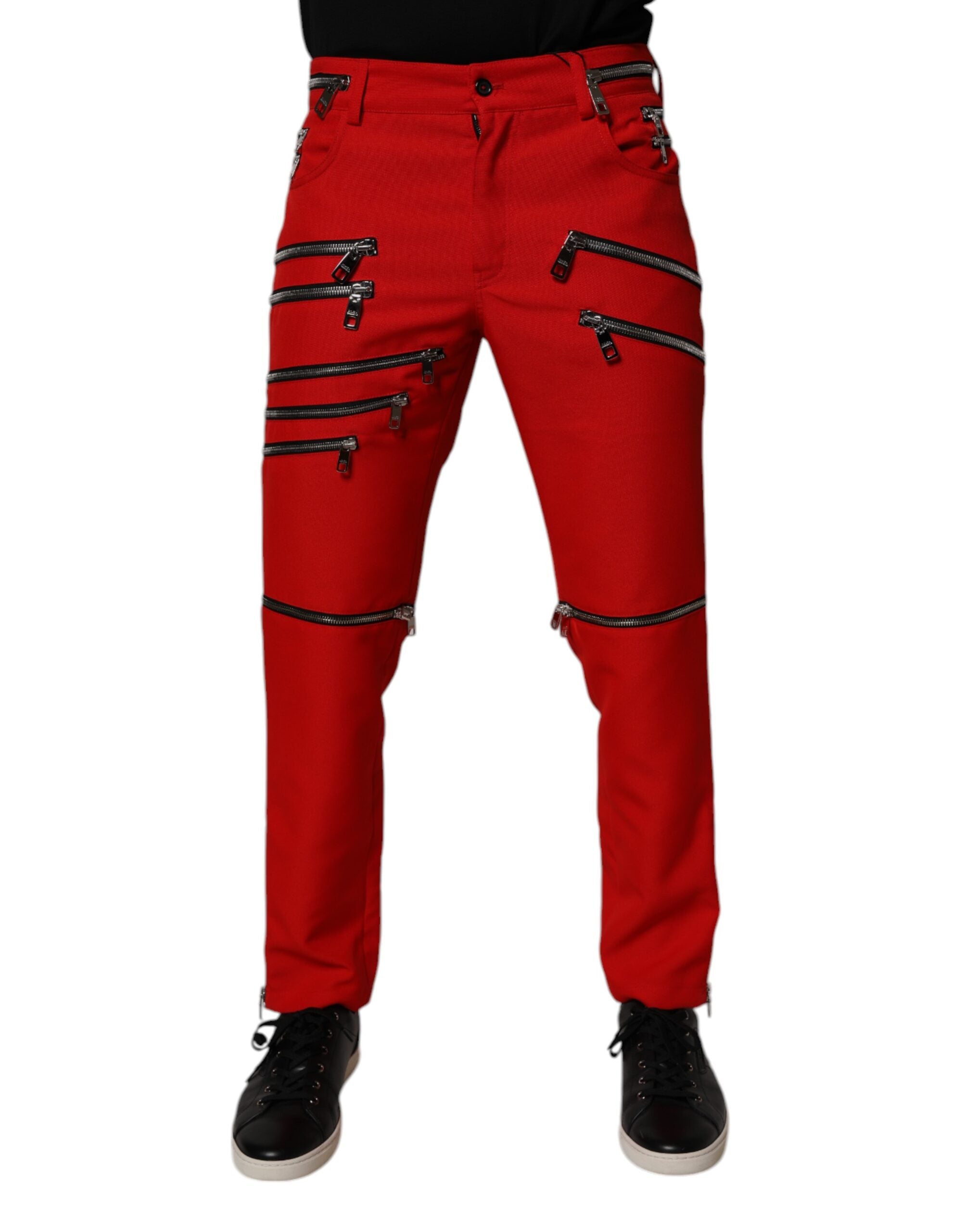 Dolce &amp; Gabbana – Rote, gerade Hose mit Reißverschluss und Verzierung