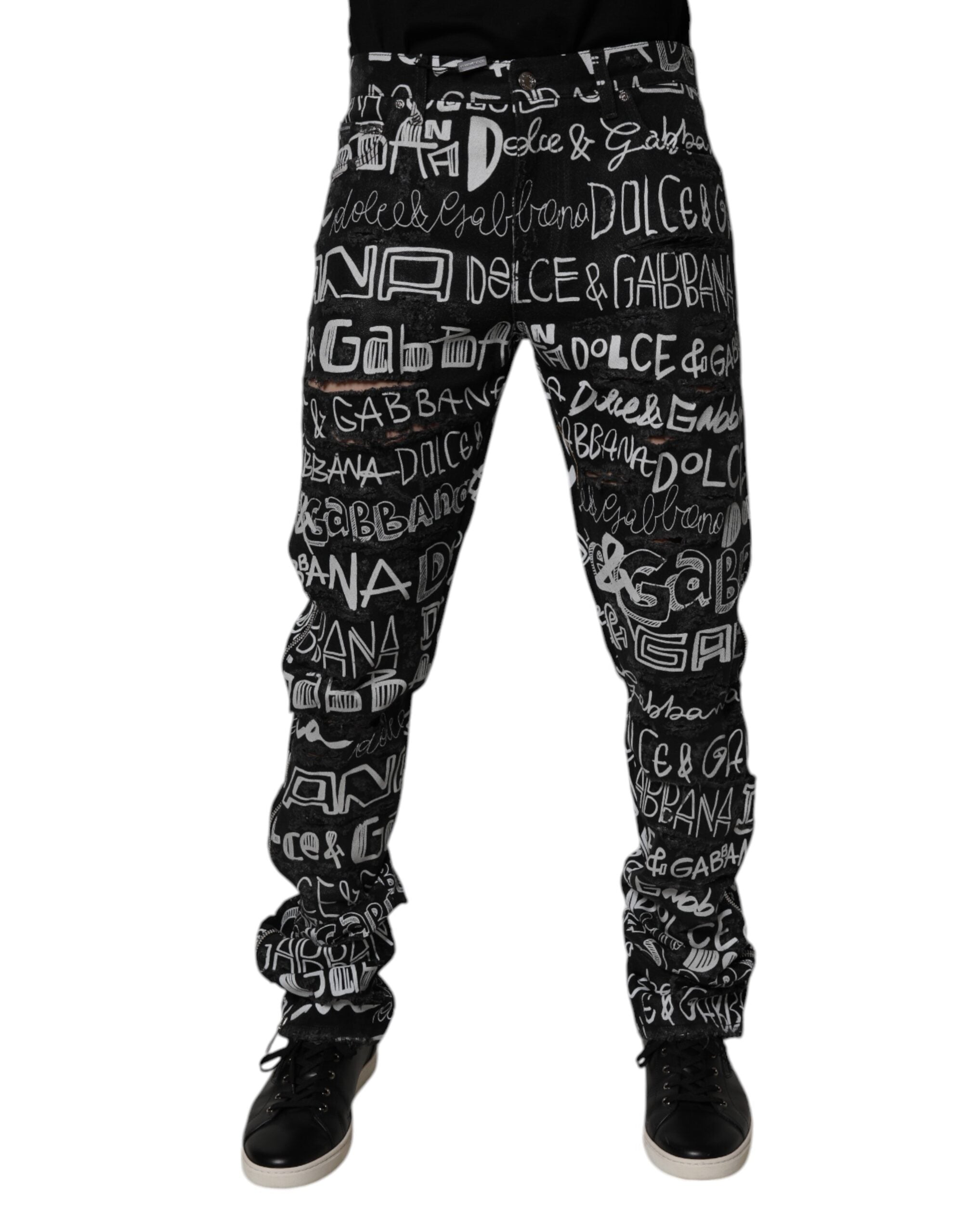 Dolce &amp; Gabbana – Schwarze, gerade geschnittene Jeans aus Baumwolle mit Logo-Print