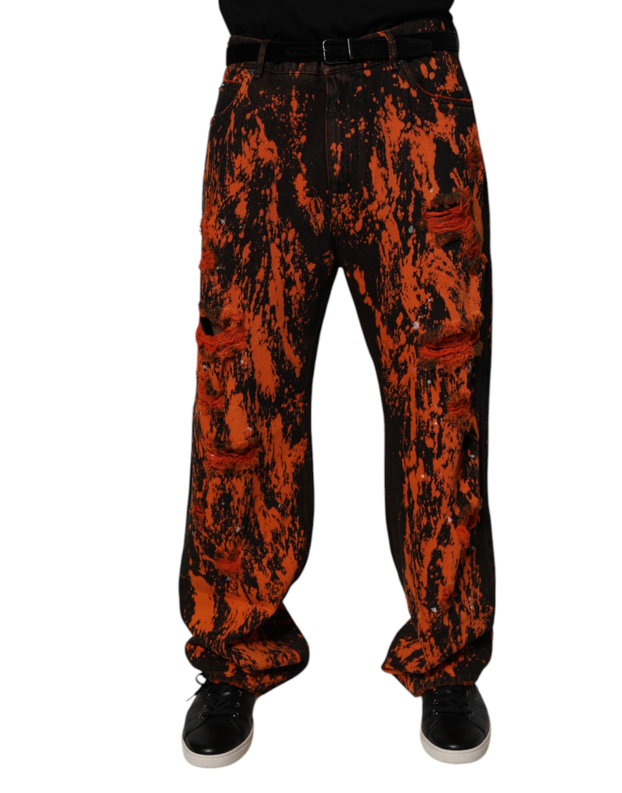 Dolce &amp; Gabbana – Gerade Jeans aus Baumwolle mit Batikmuster in Schwarz und Rot
