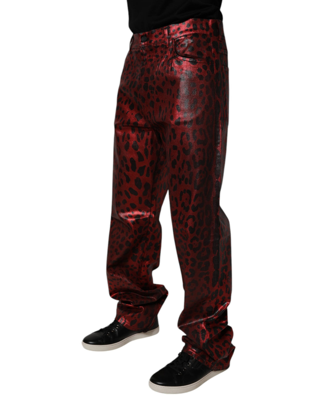 Dolce &amp; Gabbana Rote, gerade geschnittene Jeans aus Baumwolle mit Leopardenmuster für Herren