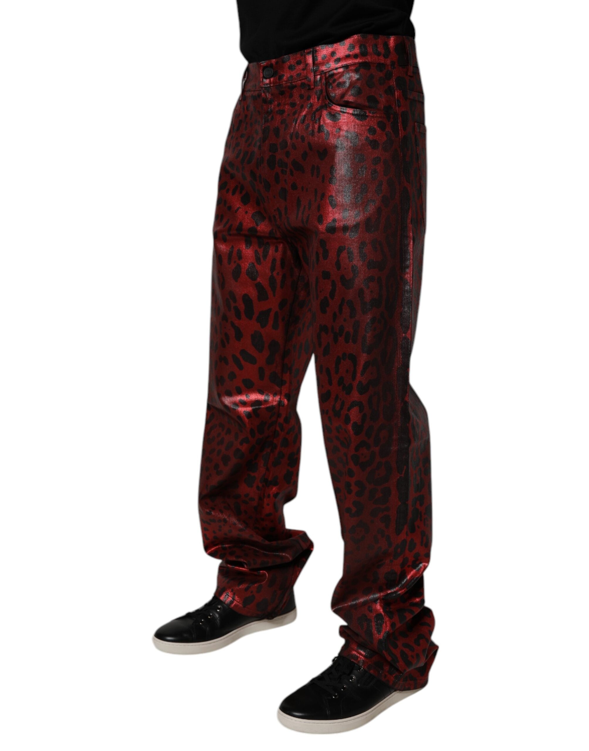 Dolce &amp; Gabbana Rote, gerade geschnittene Jeans aus Baumwolle mit Leopardenmuster für Herren