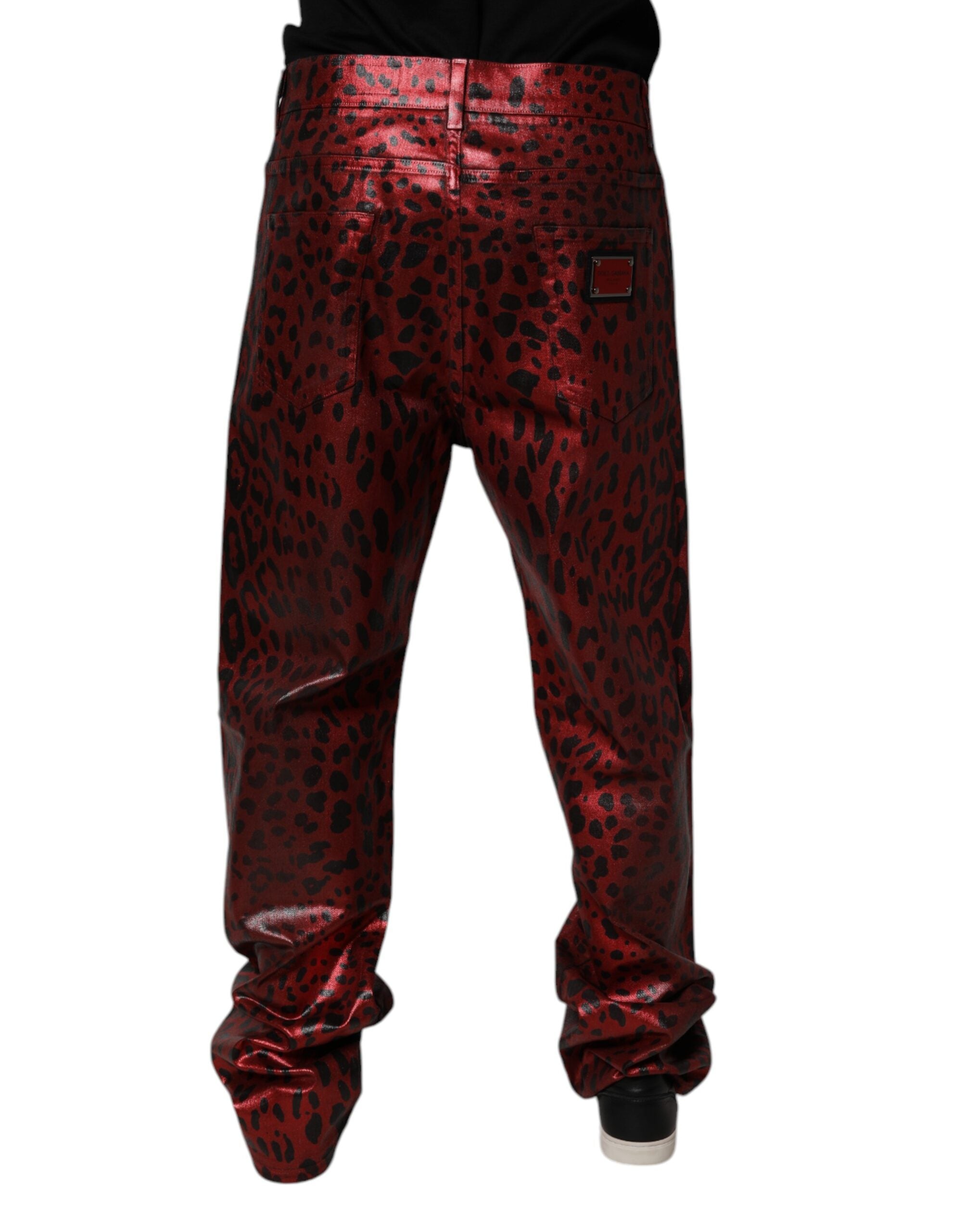 Dolce &amp; Gabbana Rote, gerade geschnittene Jeans aus Baumwolle mit Leopardenmuster für Herren