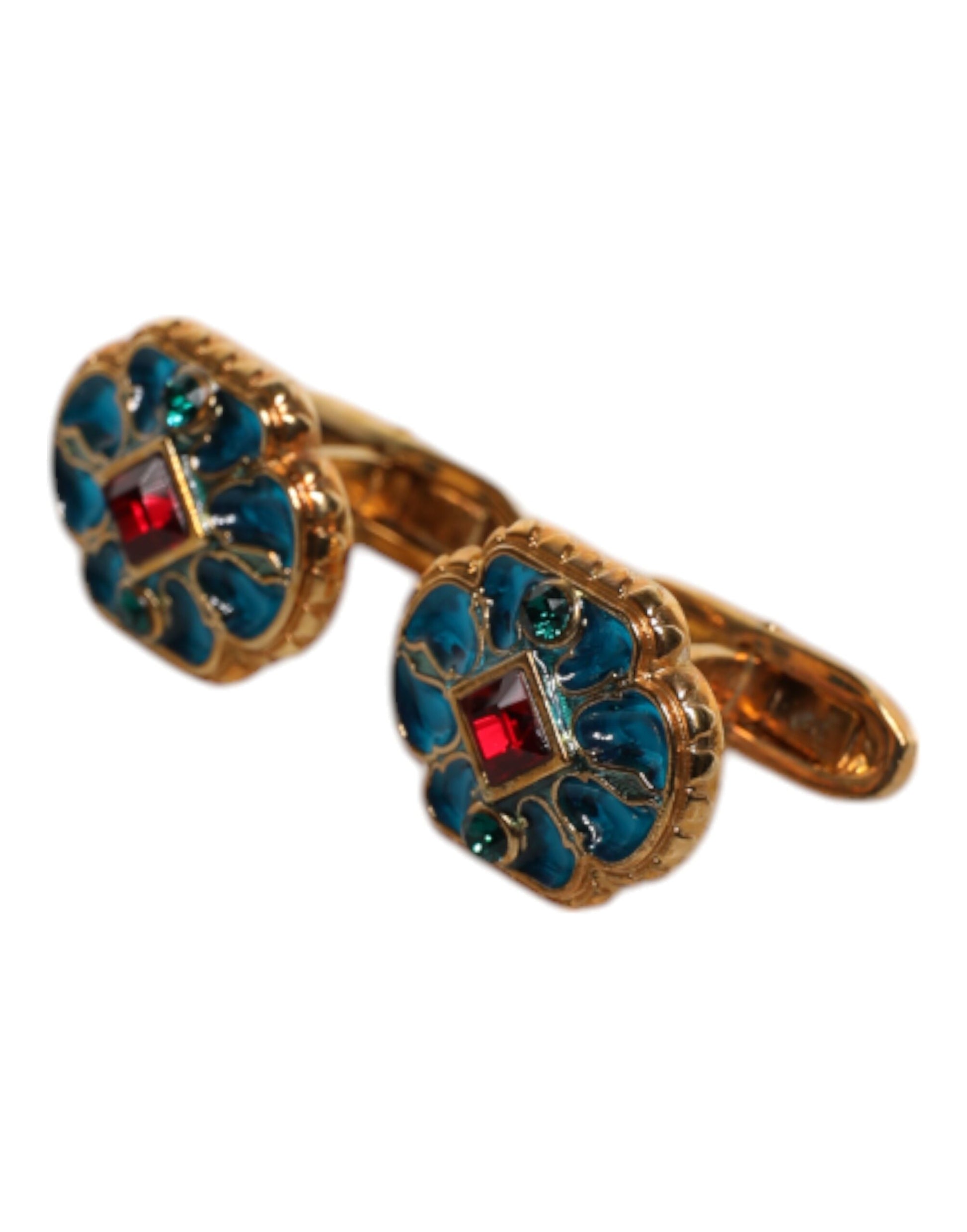Dolce &amp; Gabbana Manschettenknopf aus goldfarbenem Messing mit blau emaillierter Blume