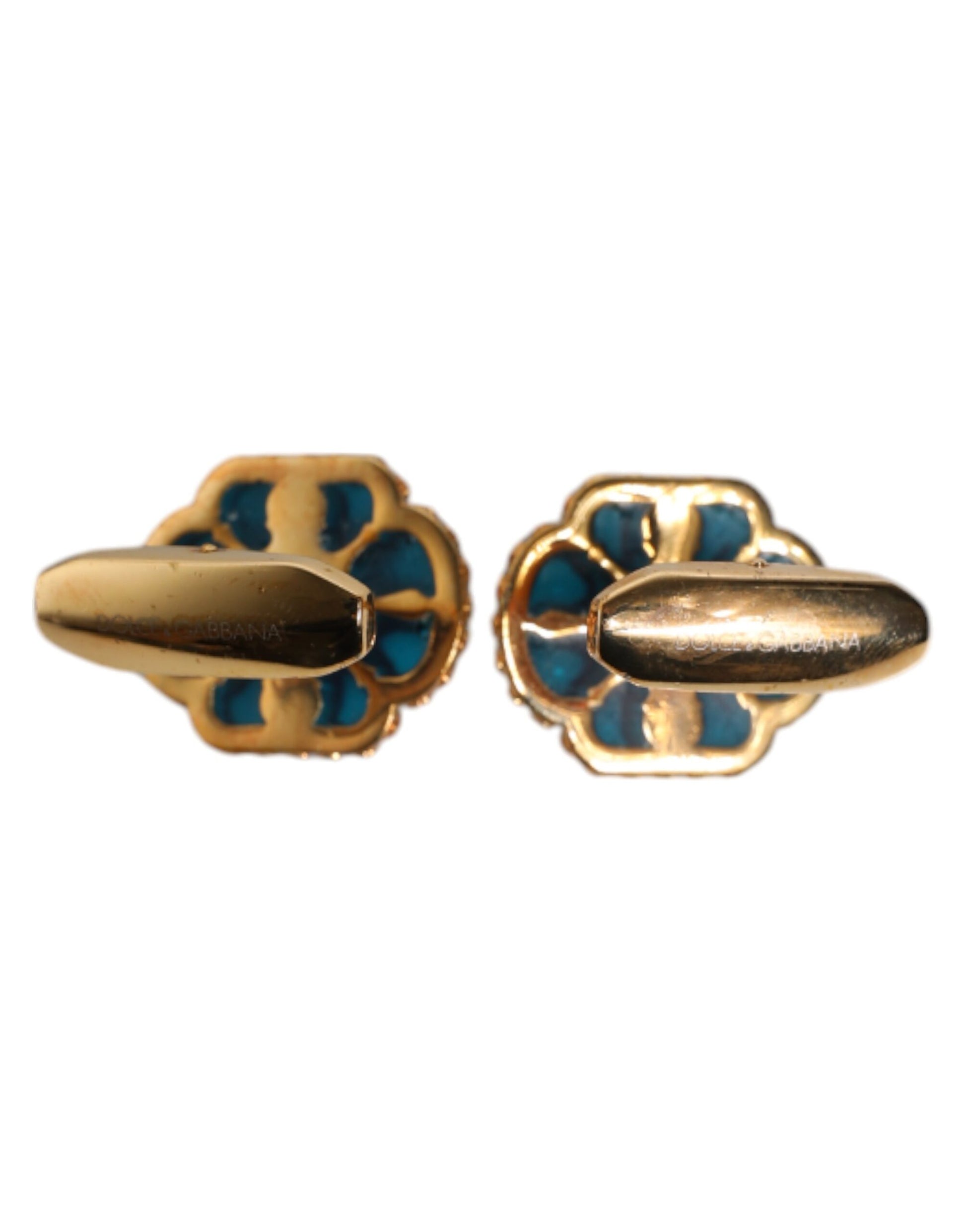 Dolce &amp; Gabbana Manschettenknopf aus goldfarbenem Messing mit blau emaillierter Blume