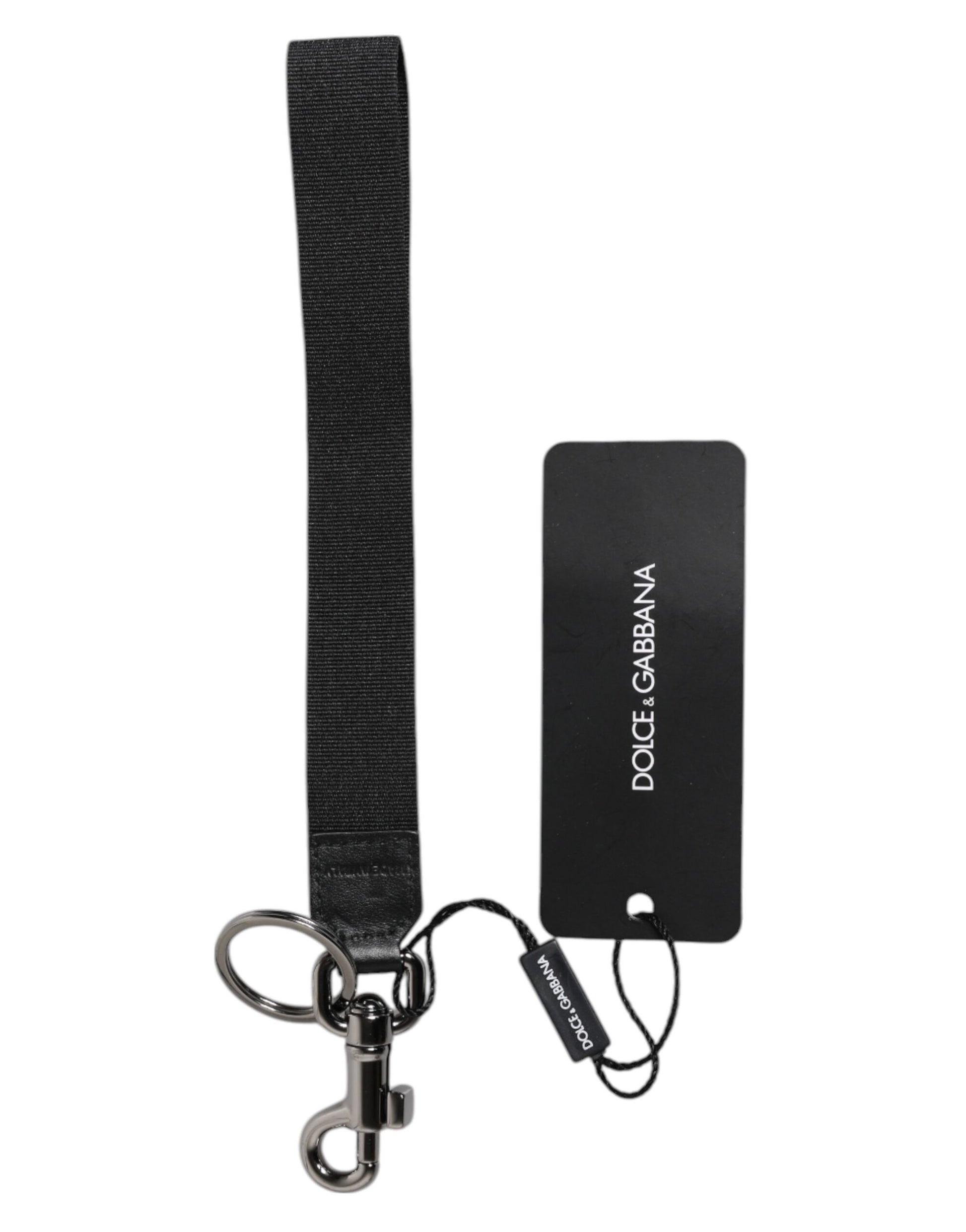 Dolce &amp; Gabbana Schlüsselanhänger mit schwarzem Logo, Nylon, Silber, Messing, für Herren