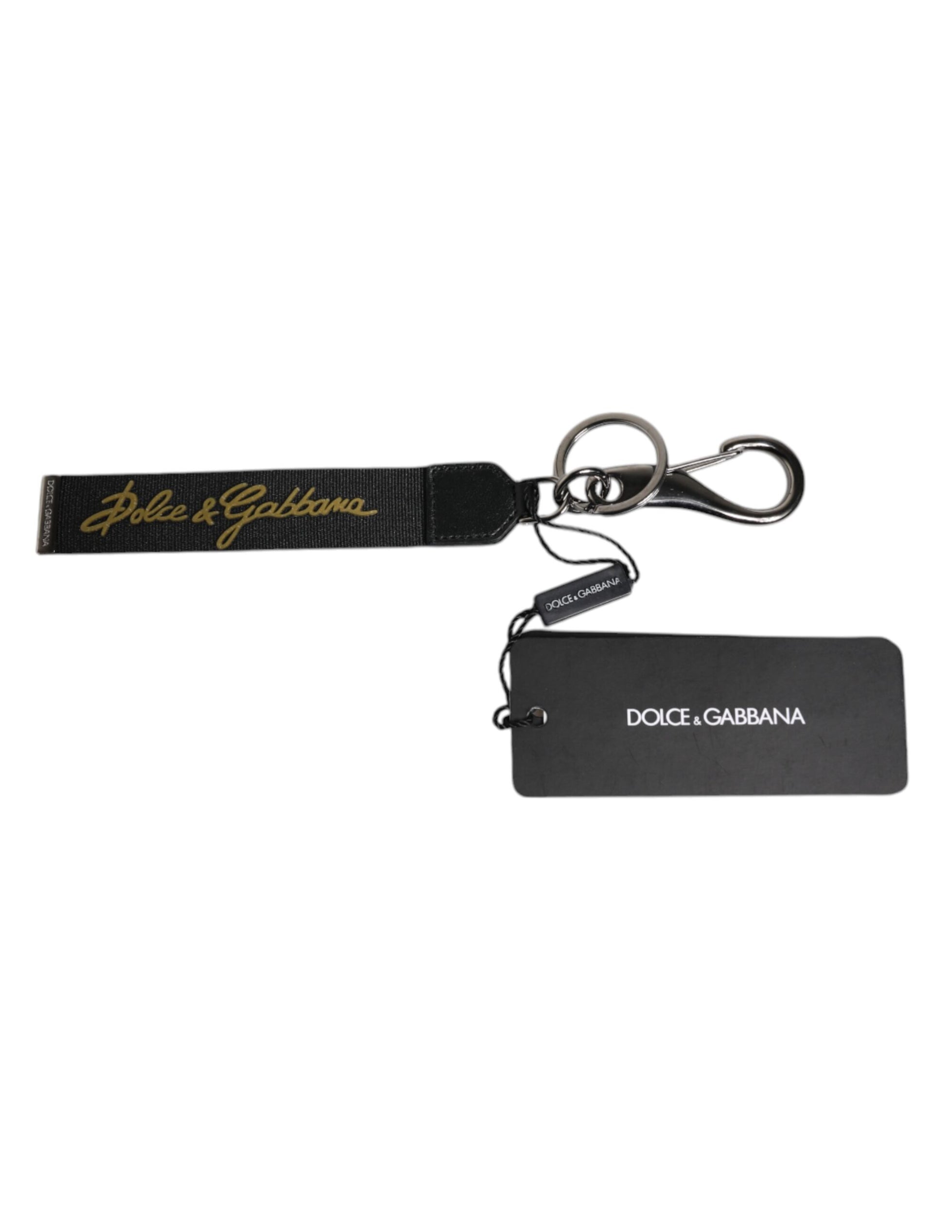 Dolce &amp; Gabbana Schlüsselanhänger mit schwarzem Logo, Nylon, Silber, Messing, für Herren