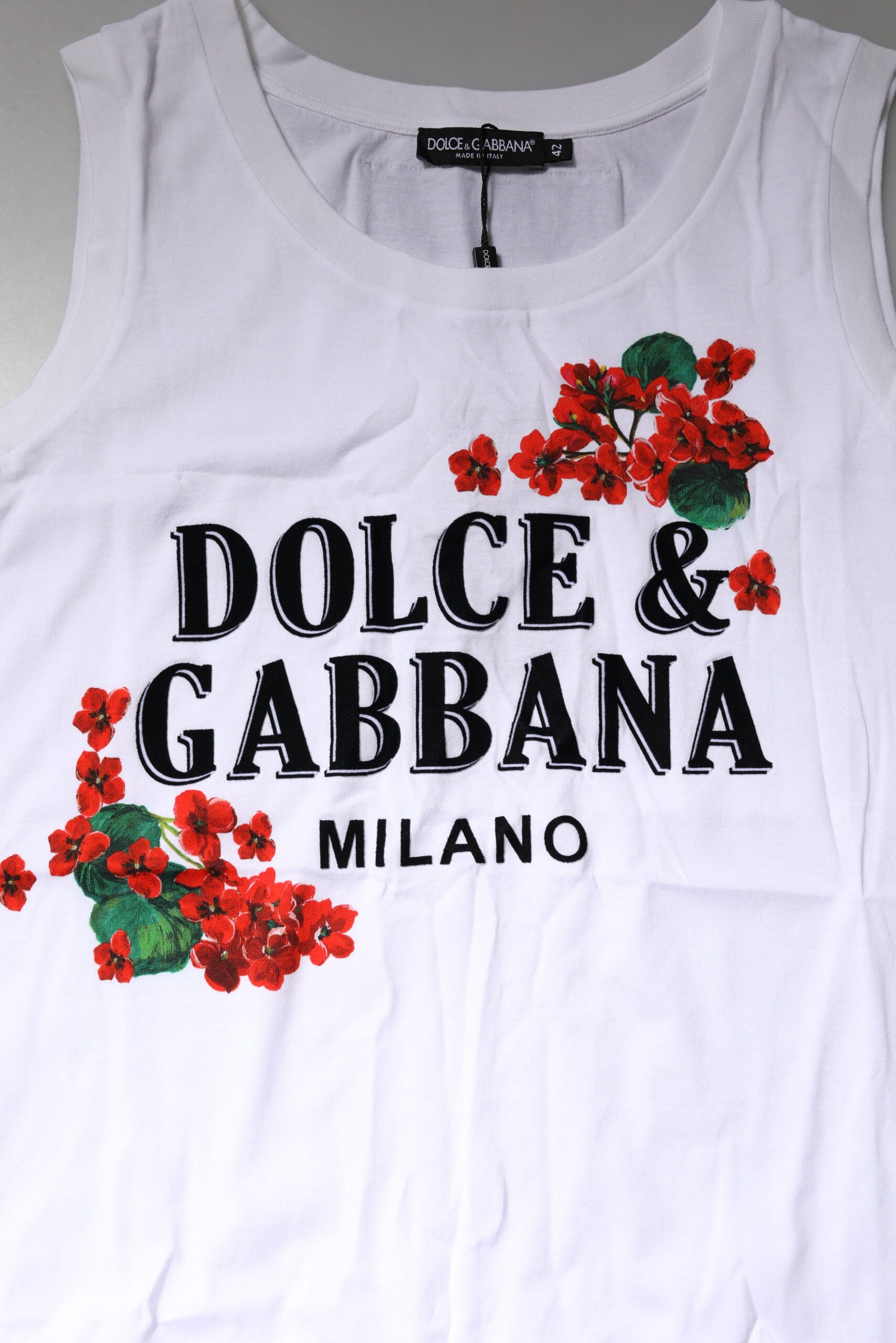 T-shirt sans manches en coton blanc à imprimé floral Dolce &amp; Gabbana