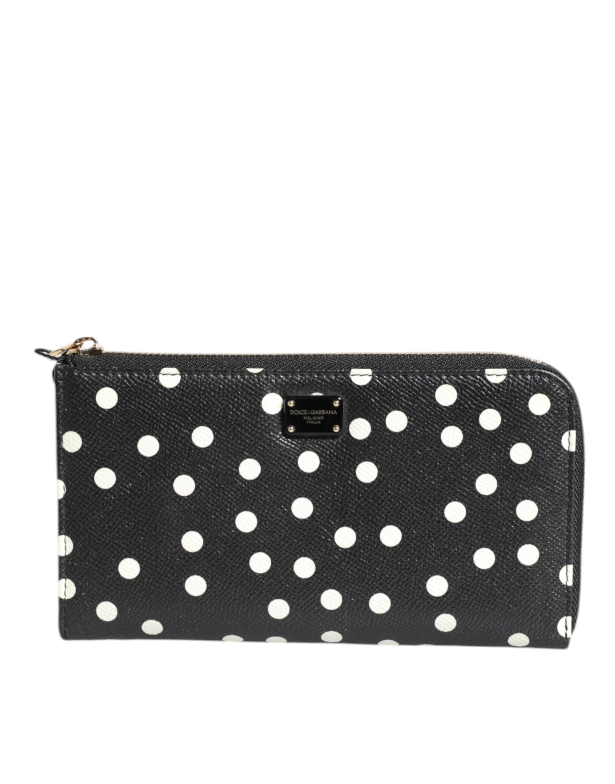 Portefeuille continental zippé Dolce &amp; Gabbana en cuir noir et blanc à pois