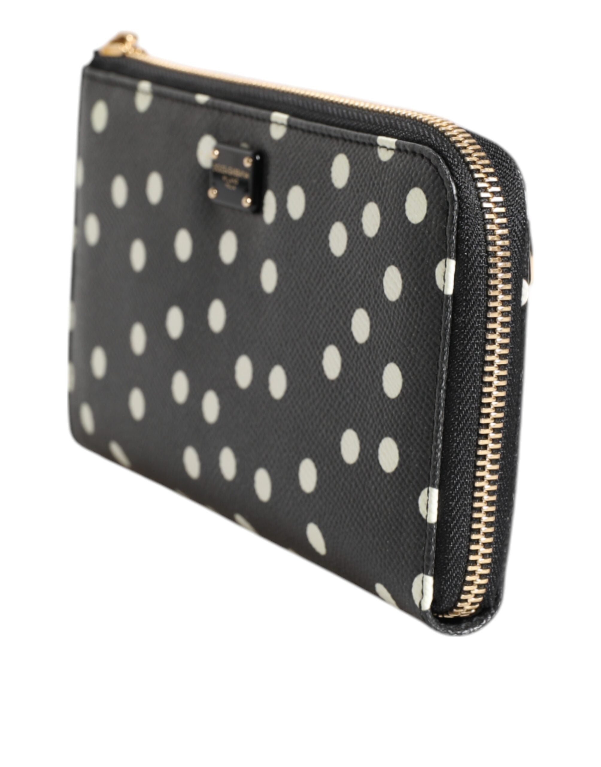 Portefeuille continental zippé Dolce &amp; Gabbana en cuir noir et blanc à pois