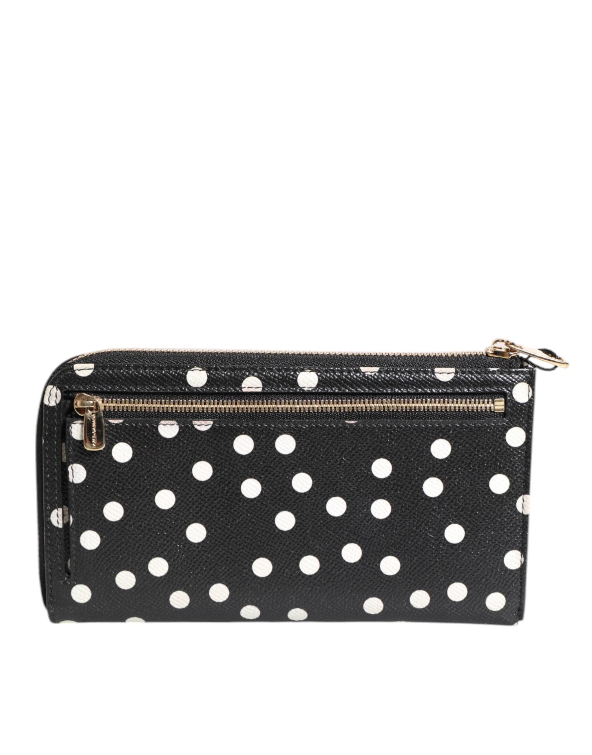 Portefeuille continental zippé Dolce &amp; Gabbana en cuir noir et blanc à pois
