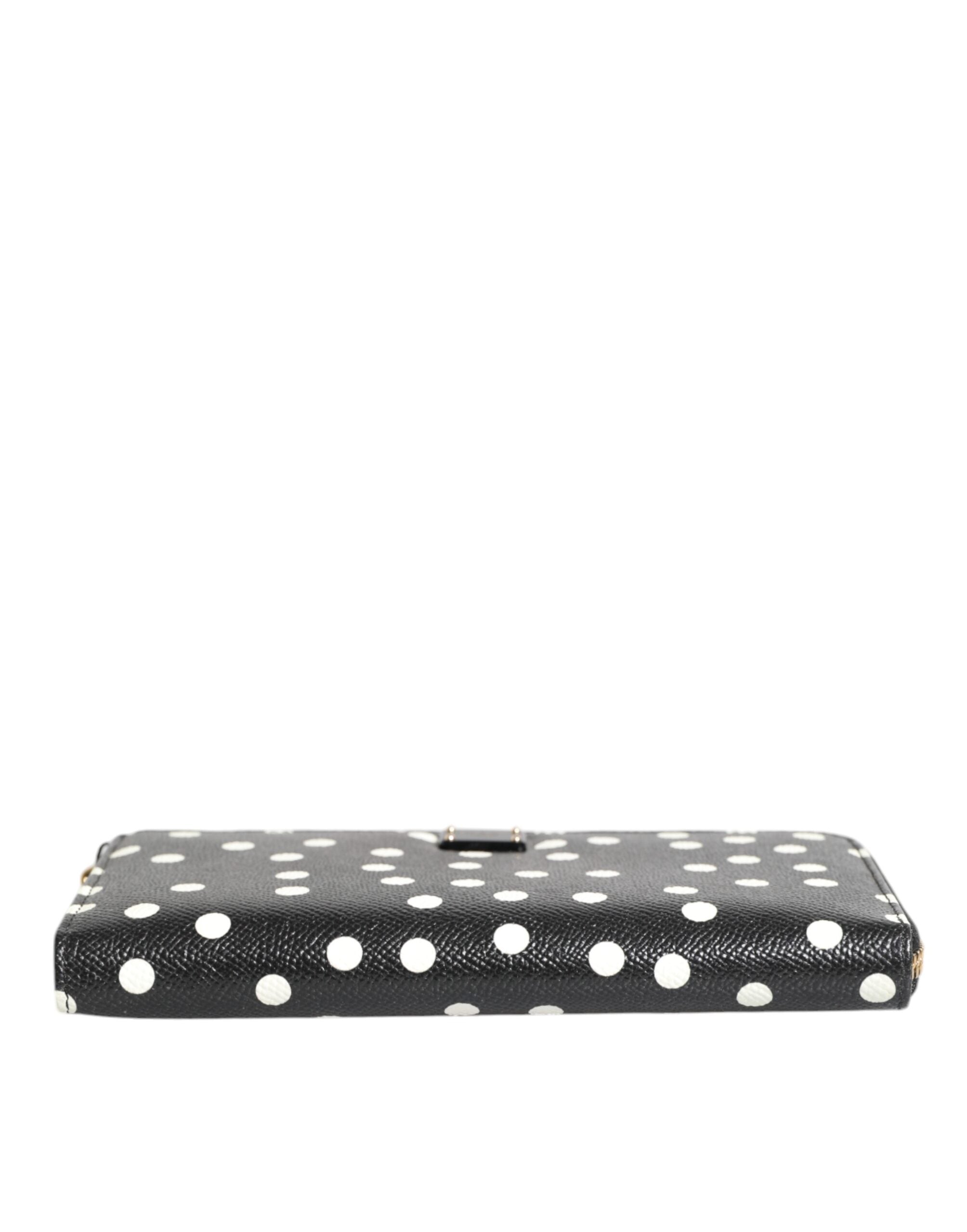 Portefeuille continental zippé Dolce &amp; Gabbana en cuir noir et blanc à pois