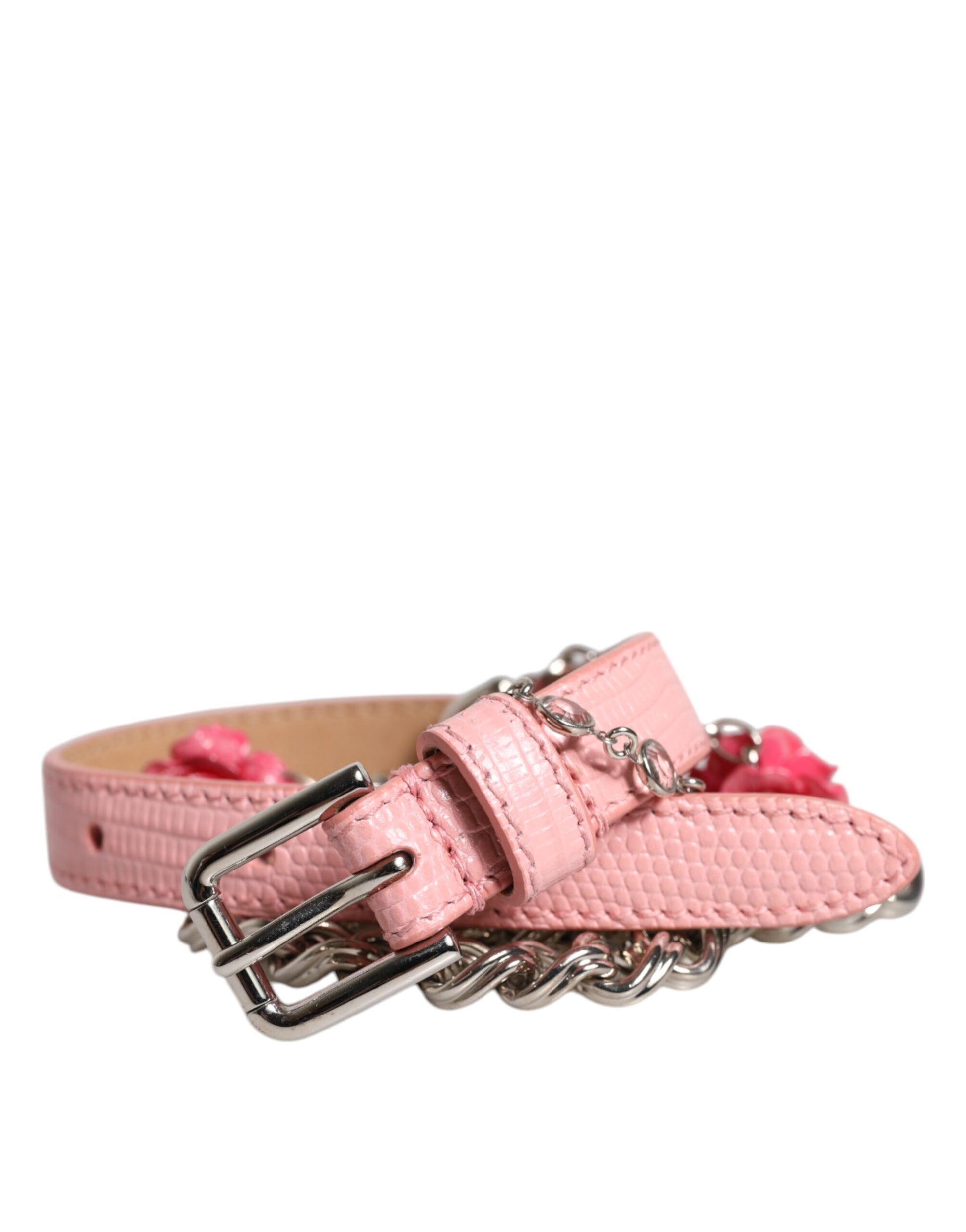 Dolce &amp; Gabbana – Strukturierter Ledergürtel mit Rosenverzierung in Rosa