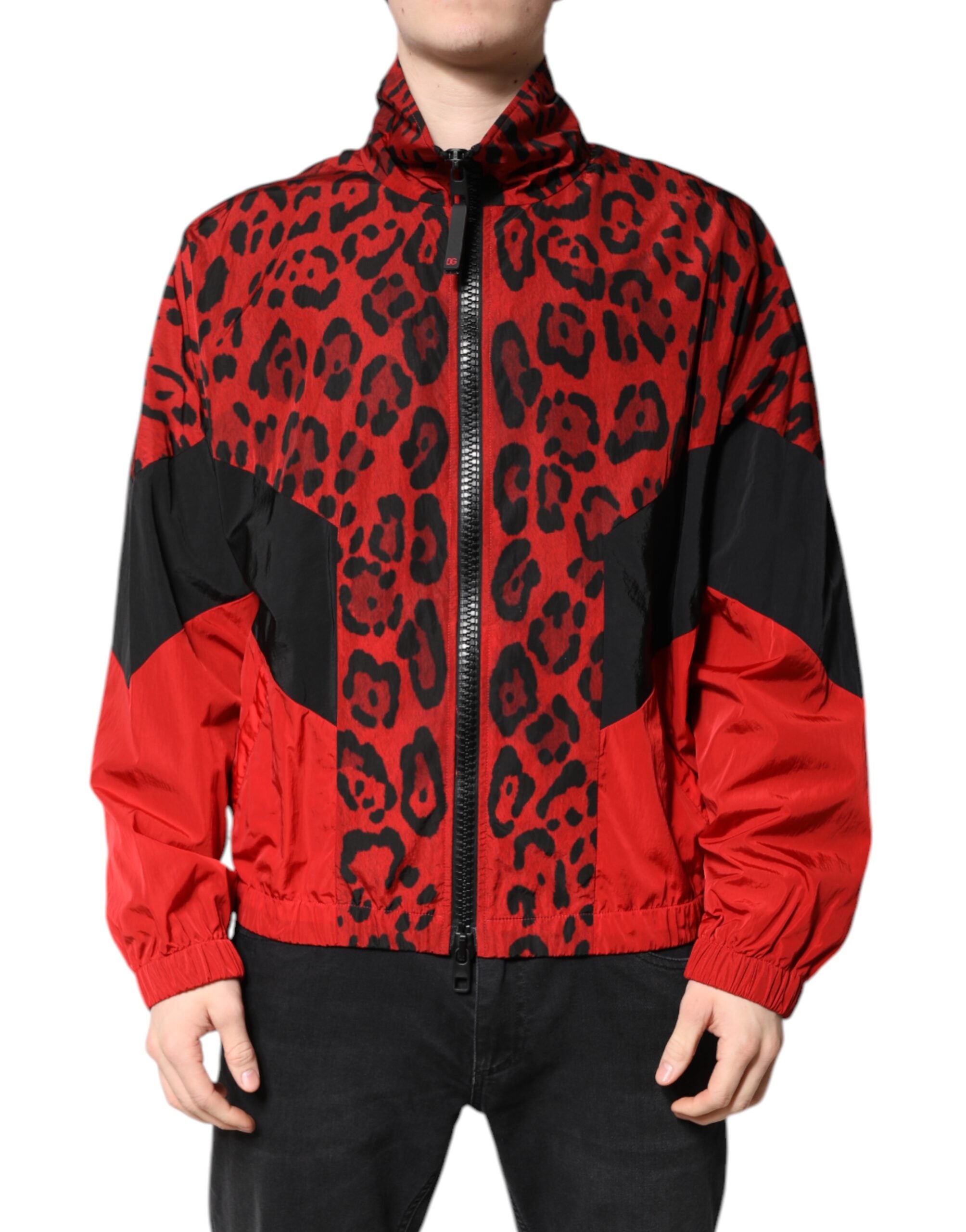 Dolce &amp; Gabbana Blouson aviateur en nylon à imprimé léopard rouge et fermeture éclair intégrale