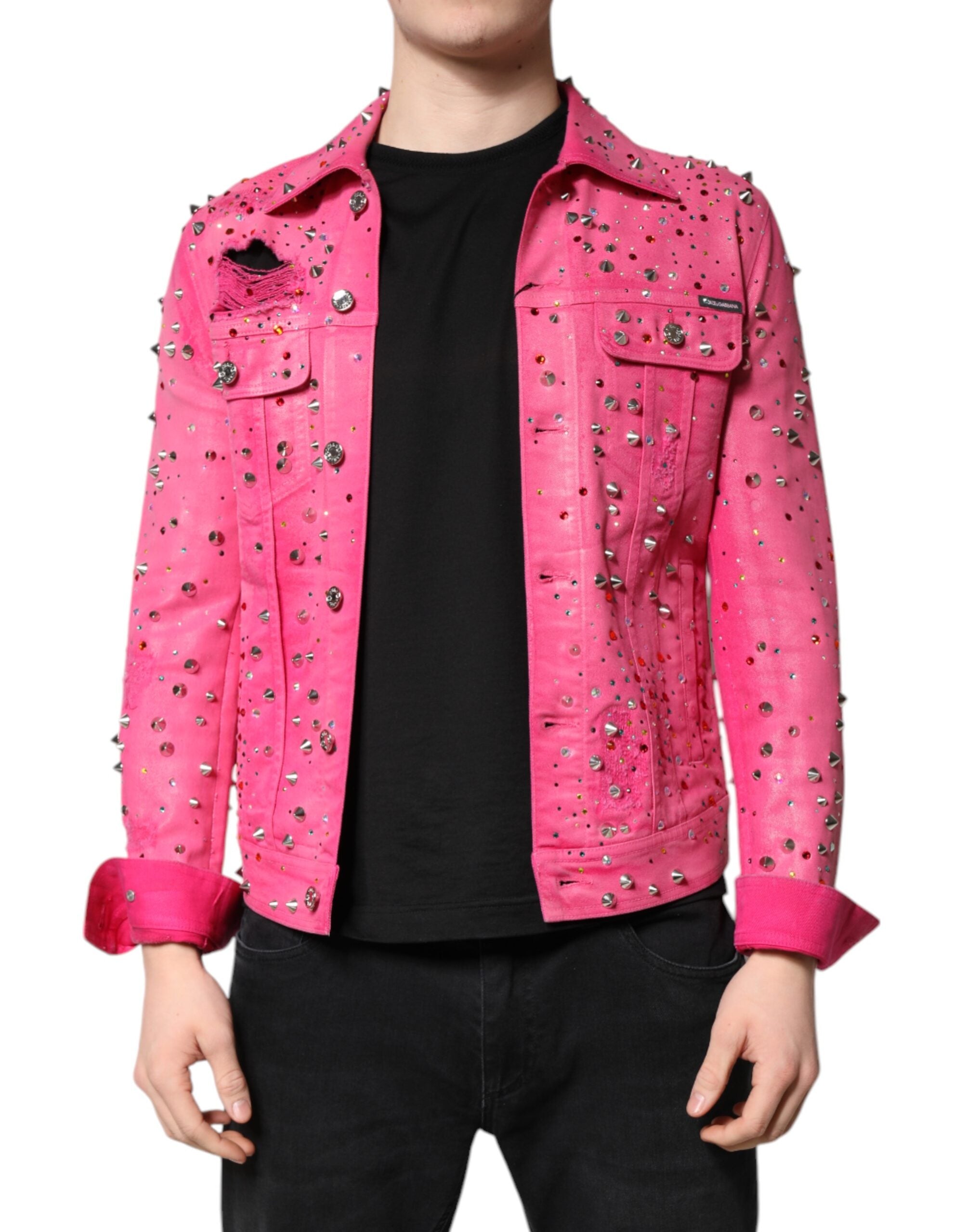 Veste en jean de coton ornée de cristaux roses Dolce &amp; Gabbana