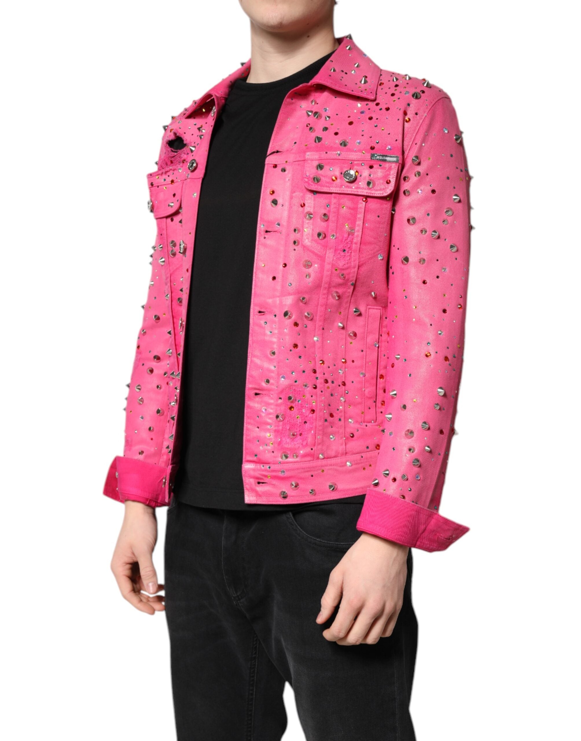 Veste en jean de coton ornée de cristaux roses Dolce &amp; Gabbana
