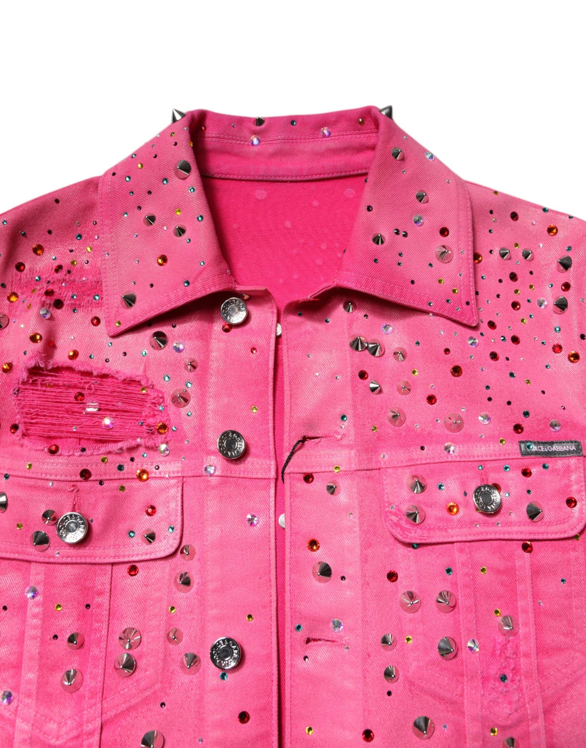 Veste en jean de coton ornée de cristaux roses Dolce &amp; Gabbana