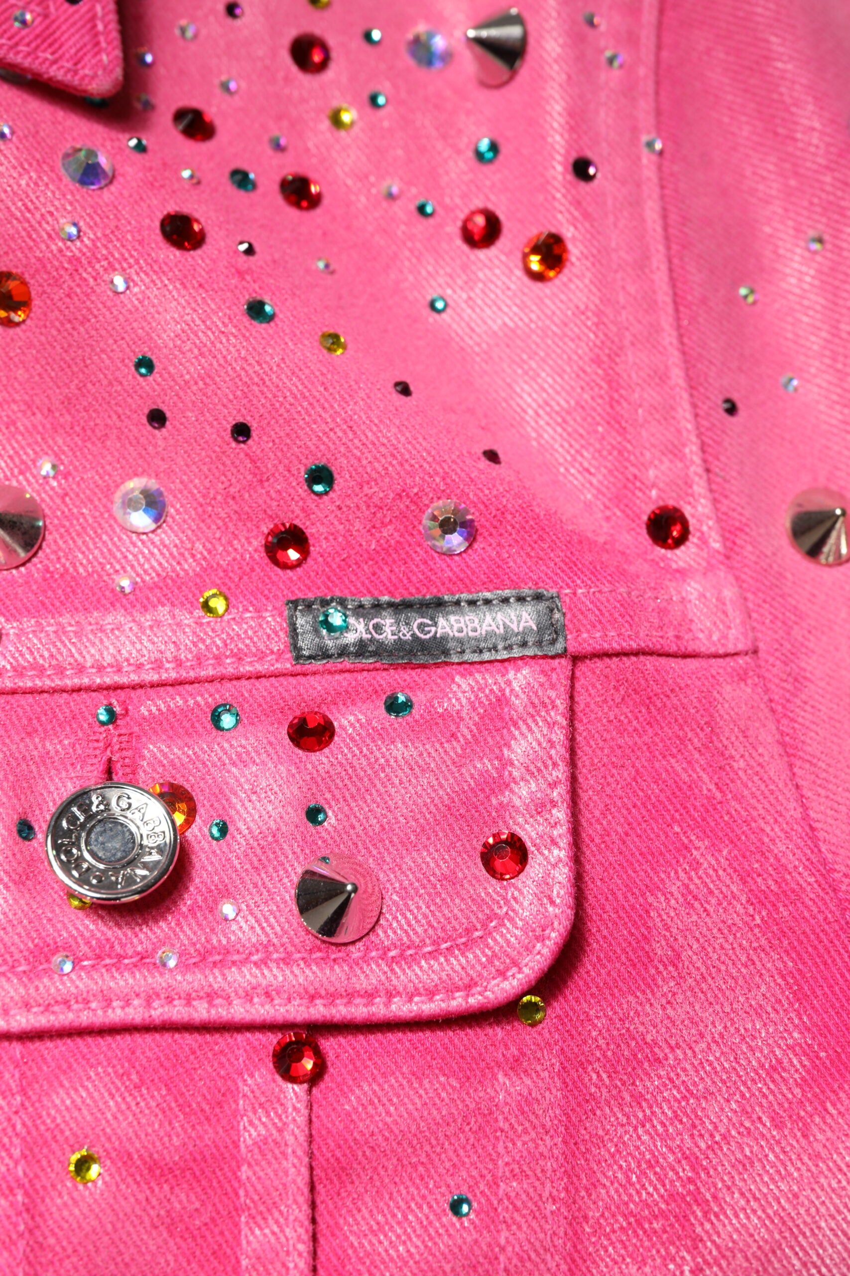 Veste en jean de coton ornée de cristaux roses Dolce &amp; Gabbana
