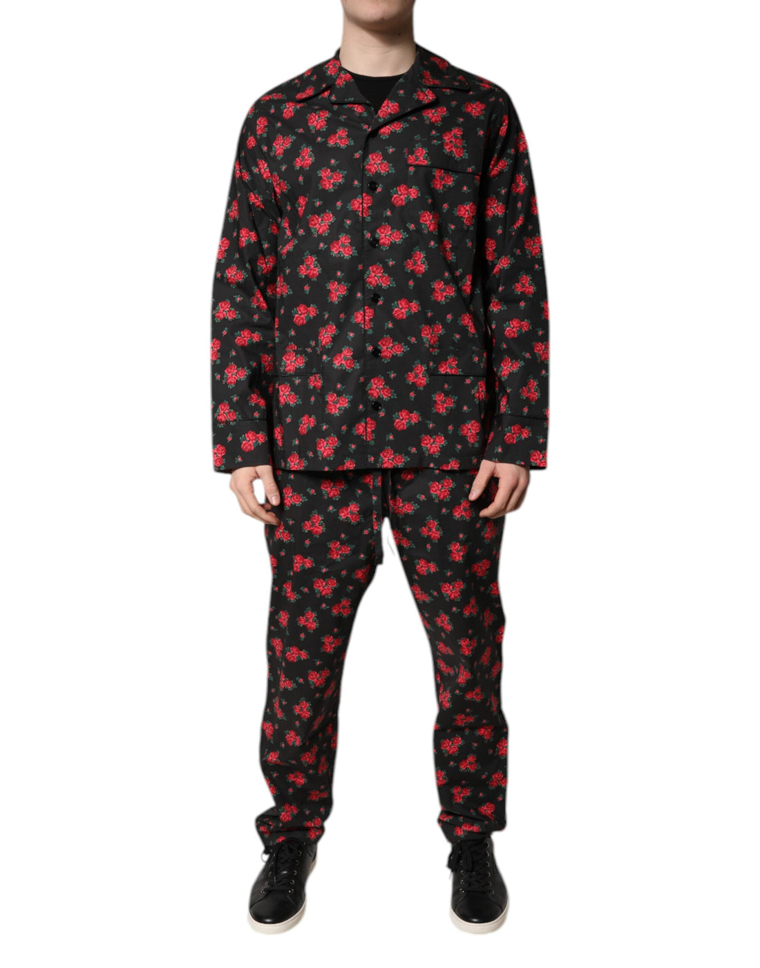 Dolce &amp; Gabbana – Schwarzes Pyjama-Set aus Baumwolle mit Blumendruck für Herren