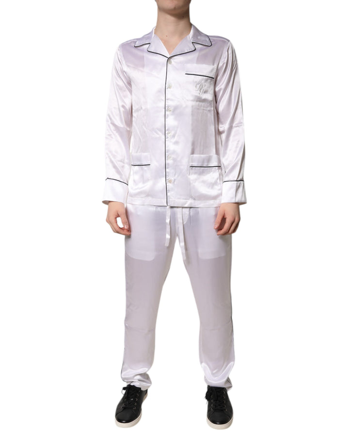 Dolce &amp; Gabbana Weiß Satin Seide Männer Pyjama Set Nachtwäsche