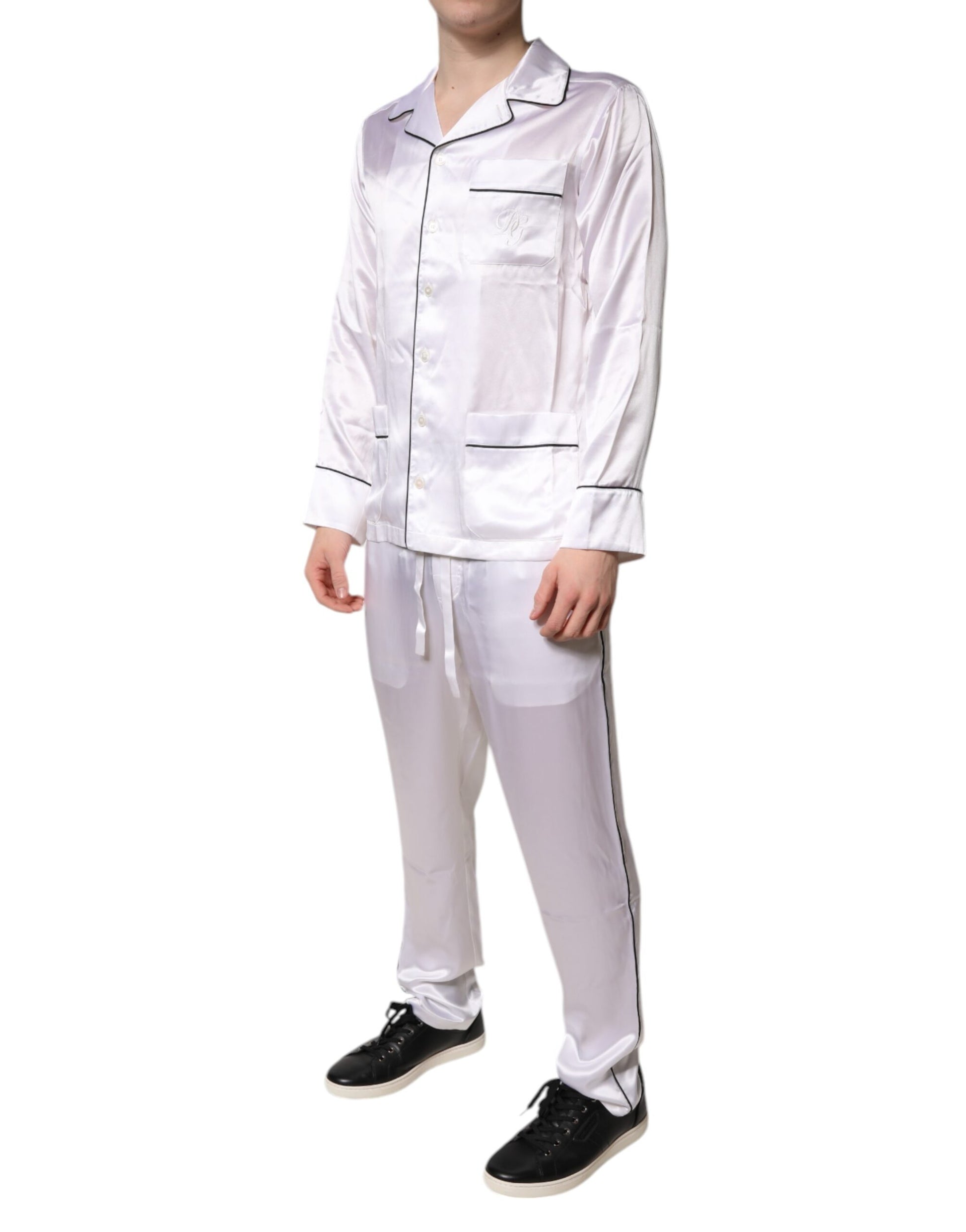 Dolce &amp; Gabbana Weiß Satin Seide Männer Pyjama Set Nachtwäsche