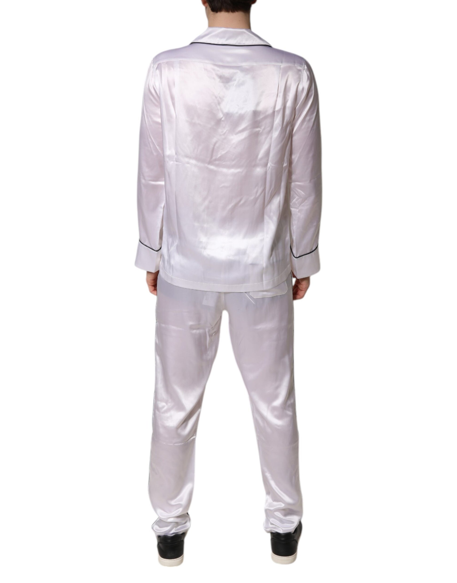 Dolce &amp; Gabbana Weiß Satin Seide Männer Pyjama Set Nachtwäsche