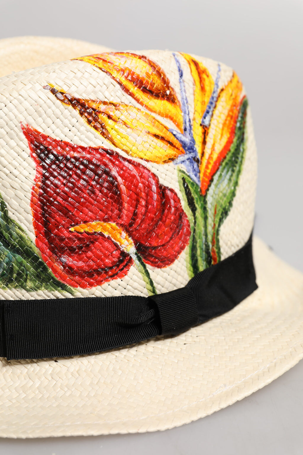Dolce &amp; Gabbana – Fedora-Hut aus Stroh mit Blumenmuster und breiter Krempe in Beige