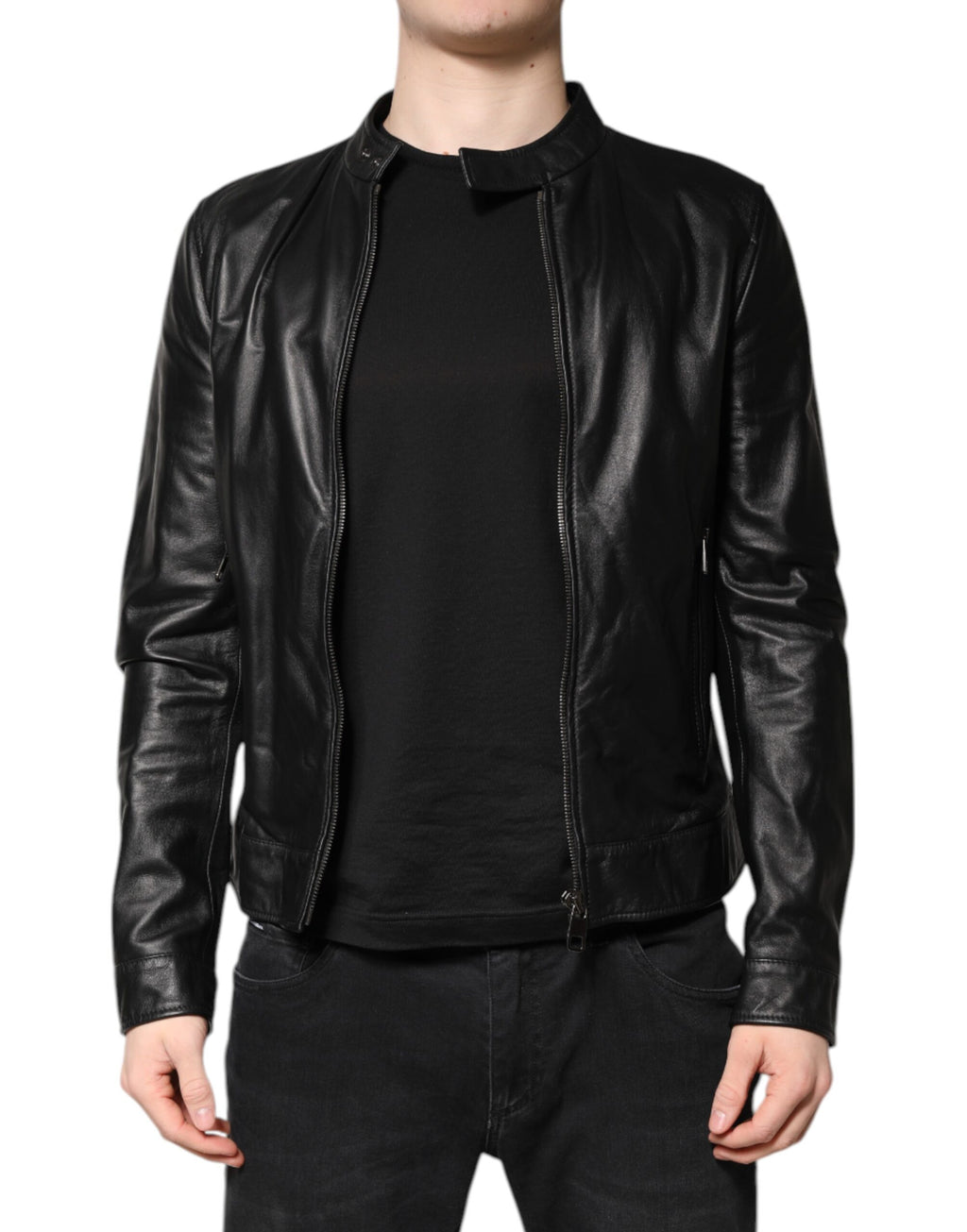 Dolce &amp; Gabbana – Bikerjacke aus schwarzem Schafsleder mit durchgehendem Reißverschluss
