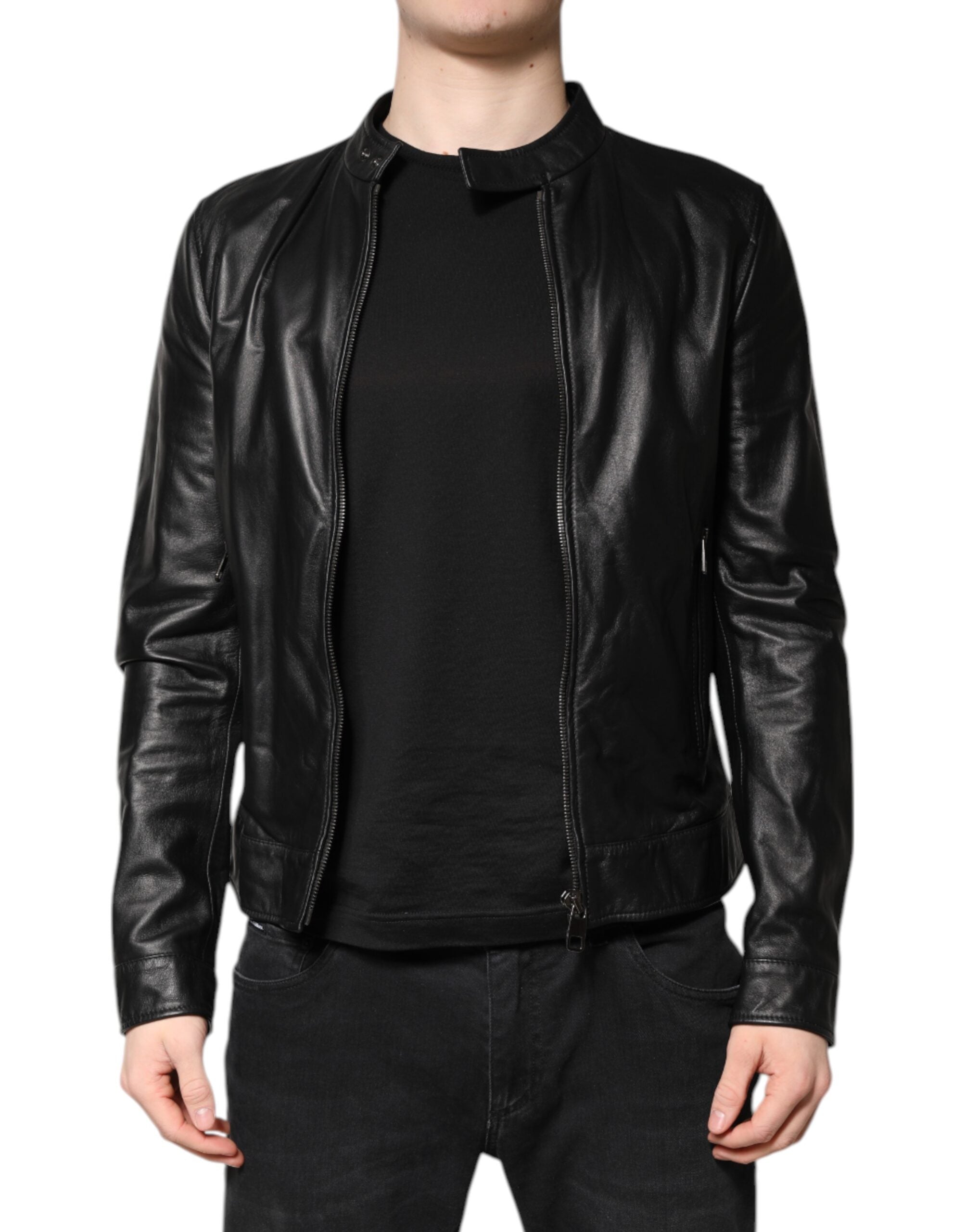 Veste motard entièrement zippée en cuir de mouton noir Dolce &amp; Gabbana