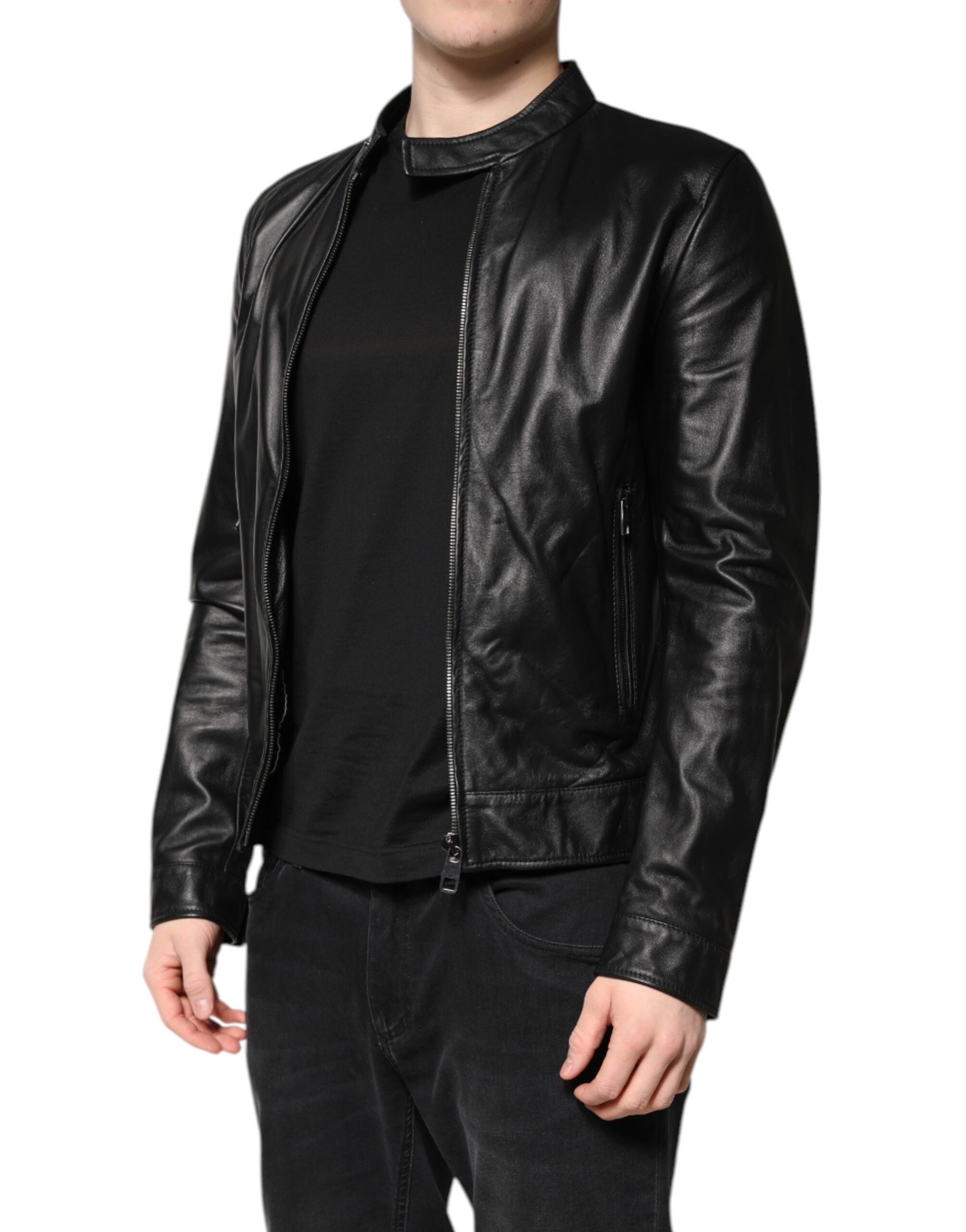 Veste motard entièrement zippée en cuir de mouton noir Dolce &amp; Gabbana