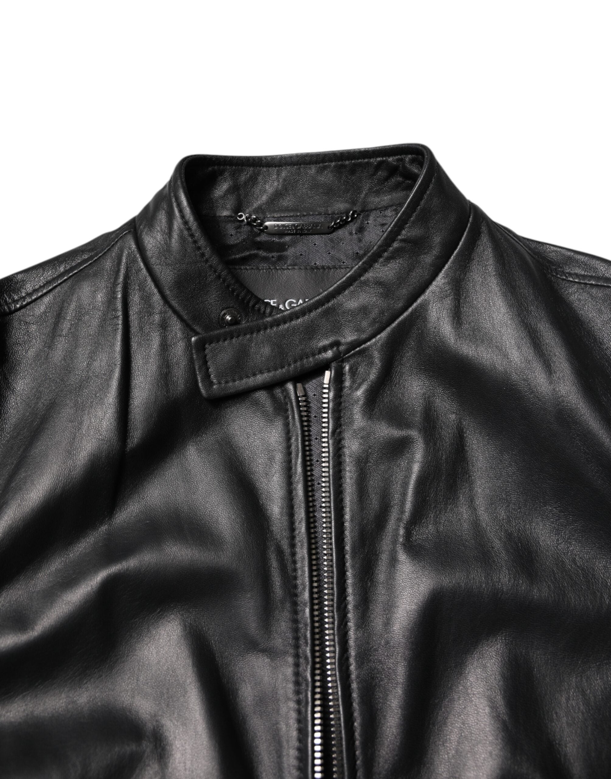 Veste motard entièrement zippée en cuir de mouton noir Dolce &amp; Gabbana