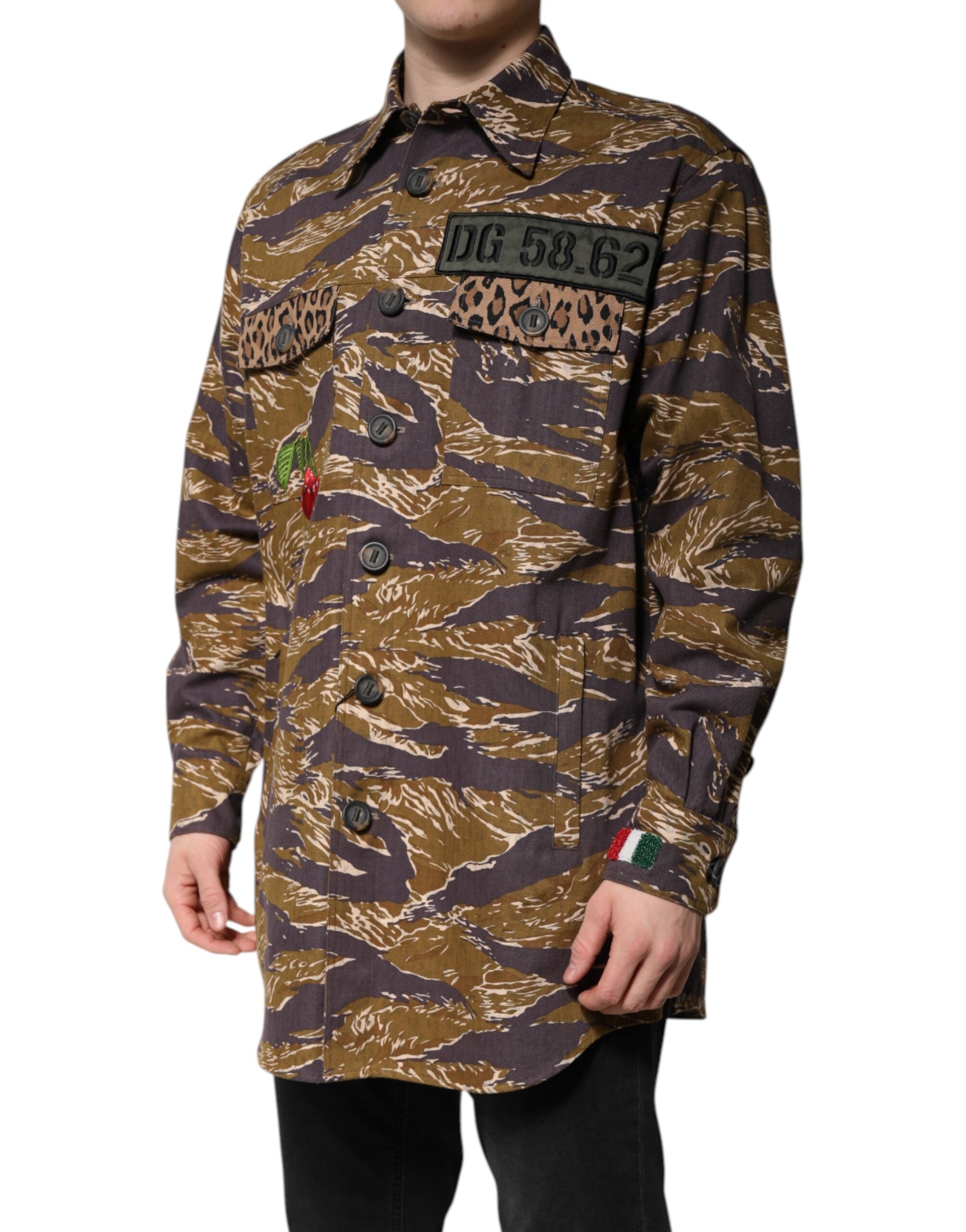Dolce &amp; Gabbana – Braune Manteljacke aus Baumwolle mit Leopardenmuster und Kragen