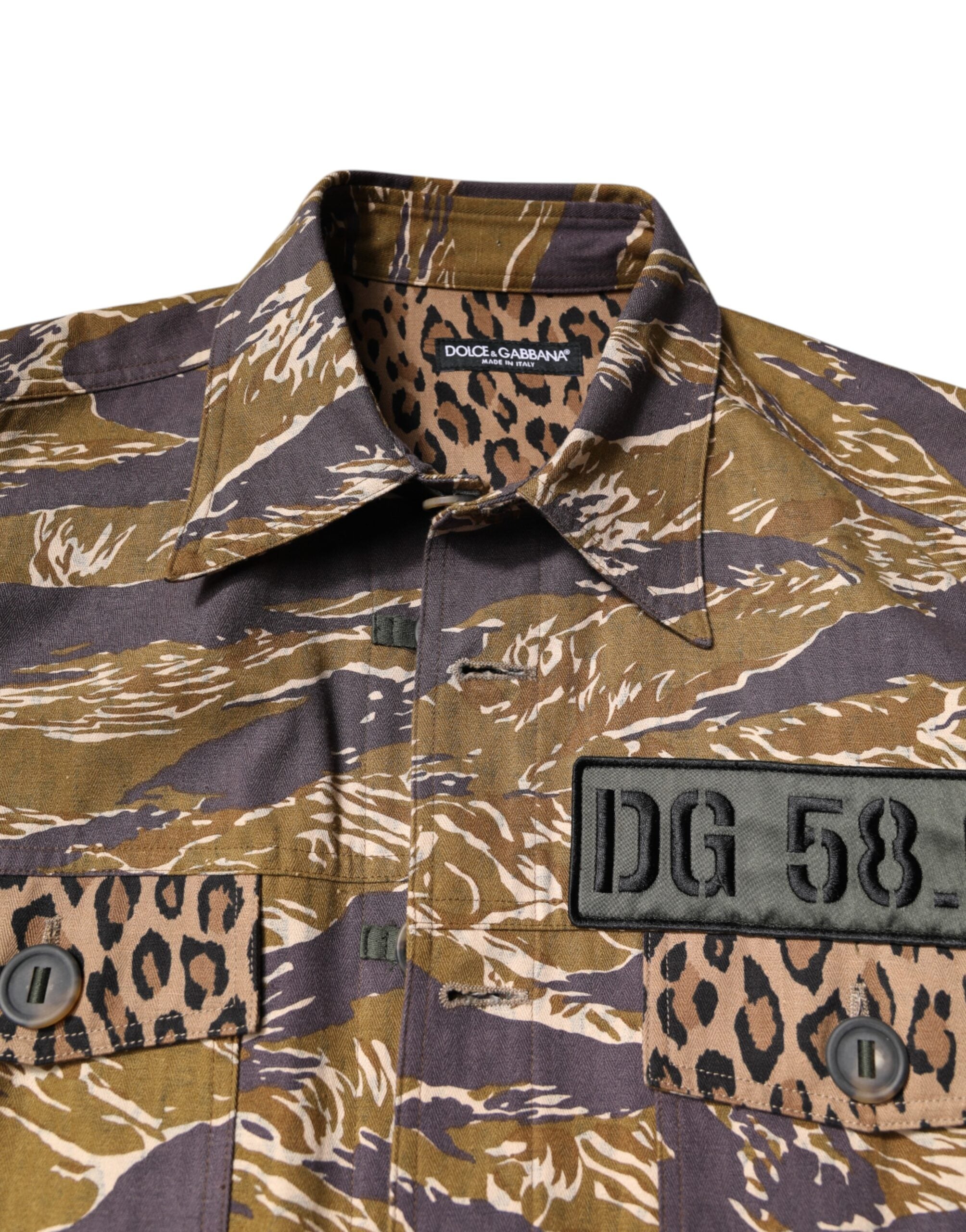 Dolce &amp; Gabbana – Braune Manteljacke aus Baumwolle mit Leopardenmuster und Kragen