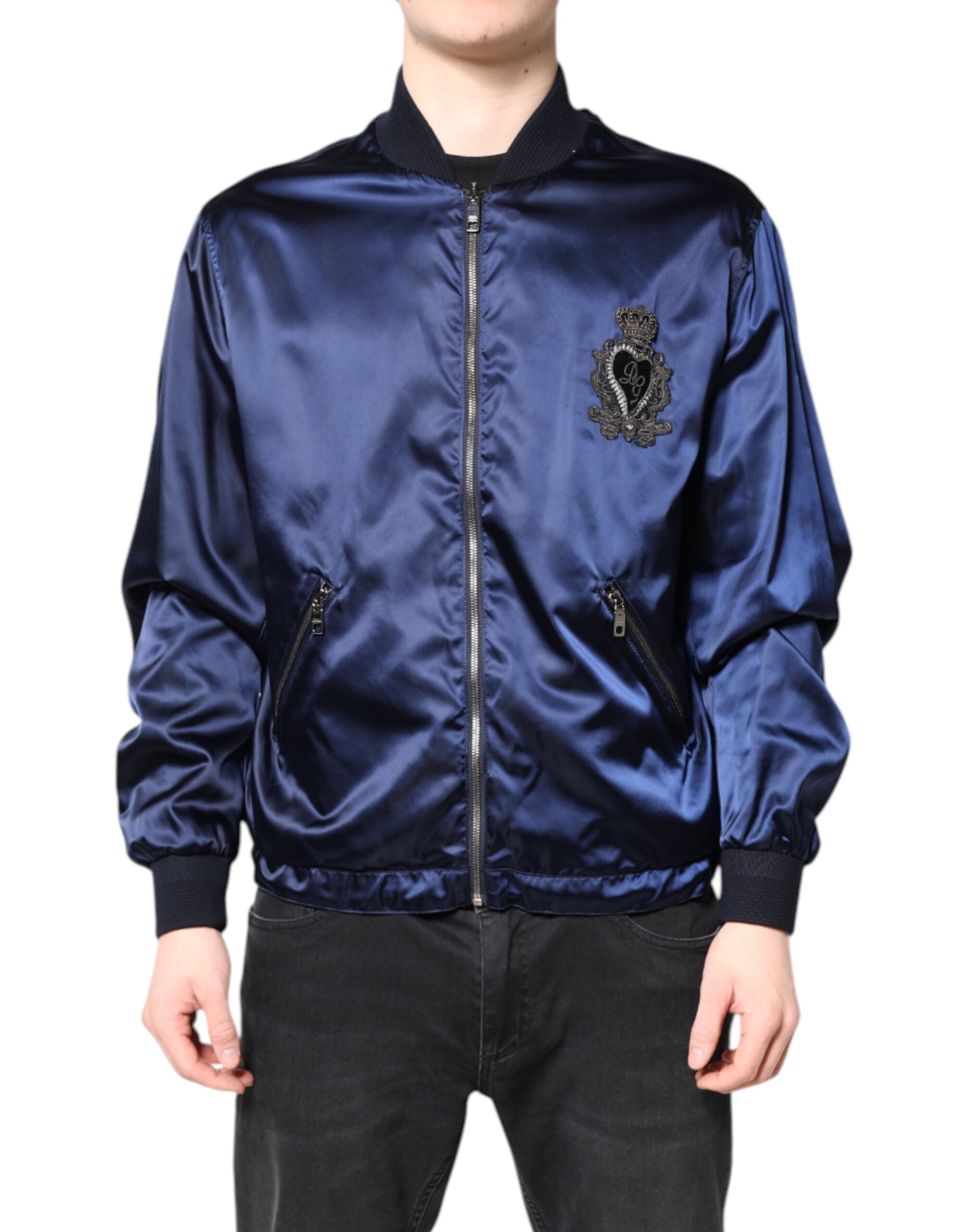 Blouson aviateur entièrement zippé en nylon bleu Dolce &amp; Gabbana DG Crown