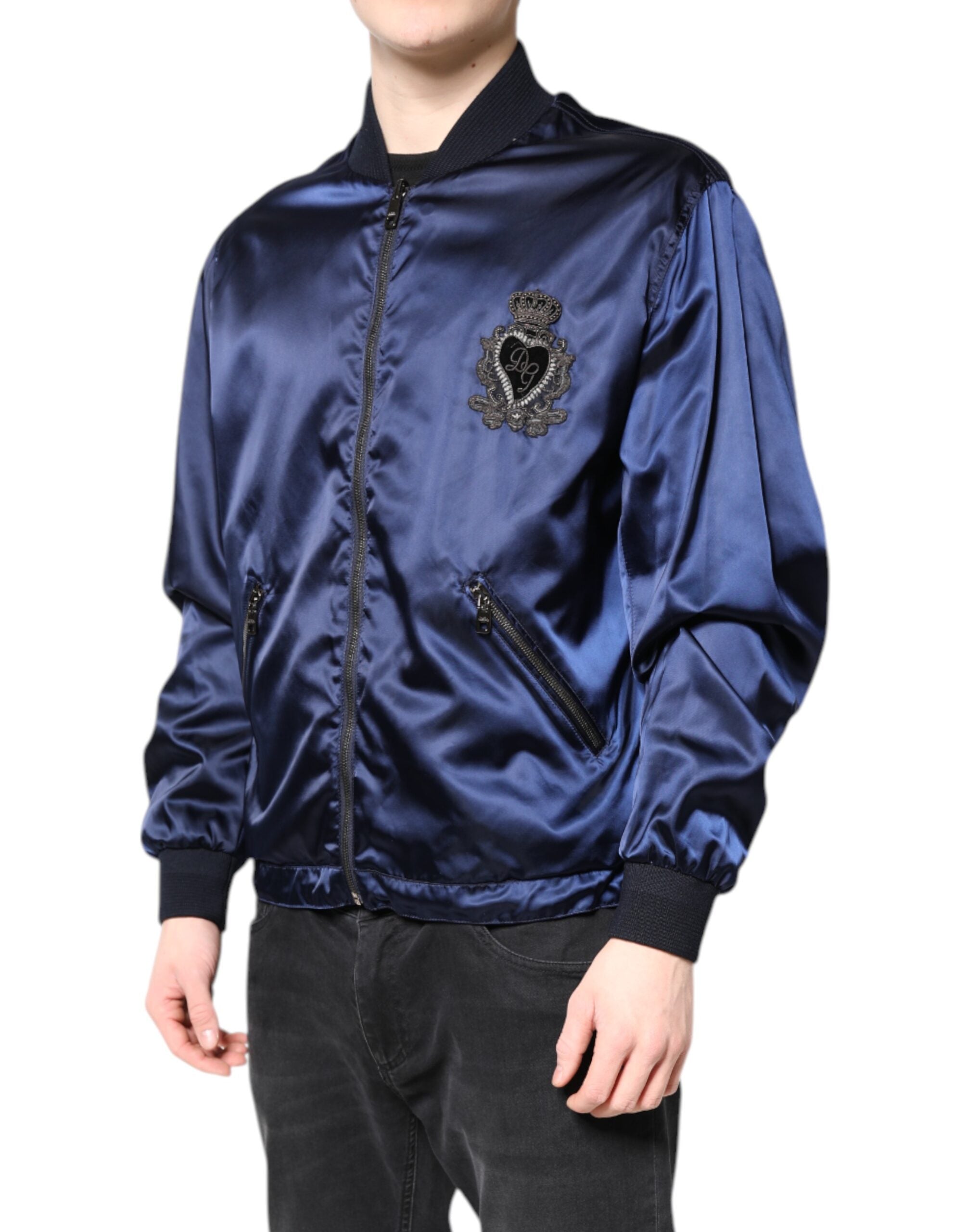 Blouson aviateur entièrement zippé en nylon bleu Dolce &amp; Gabbana DG Crown
