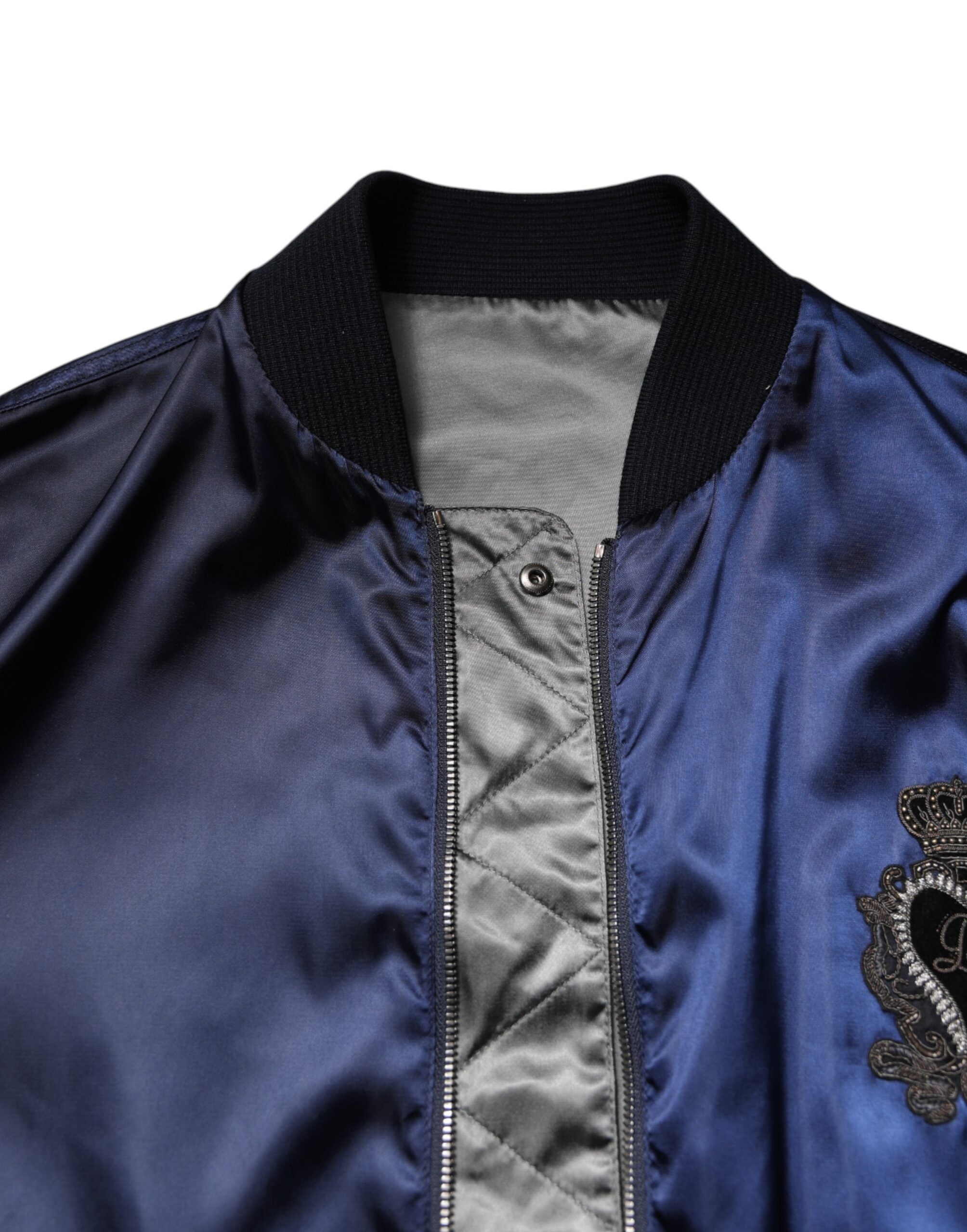 Blouson aviateur entièrement zippé en nylon bleu Dolce &amp; Gabbana DG Crown
