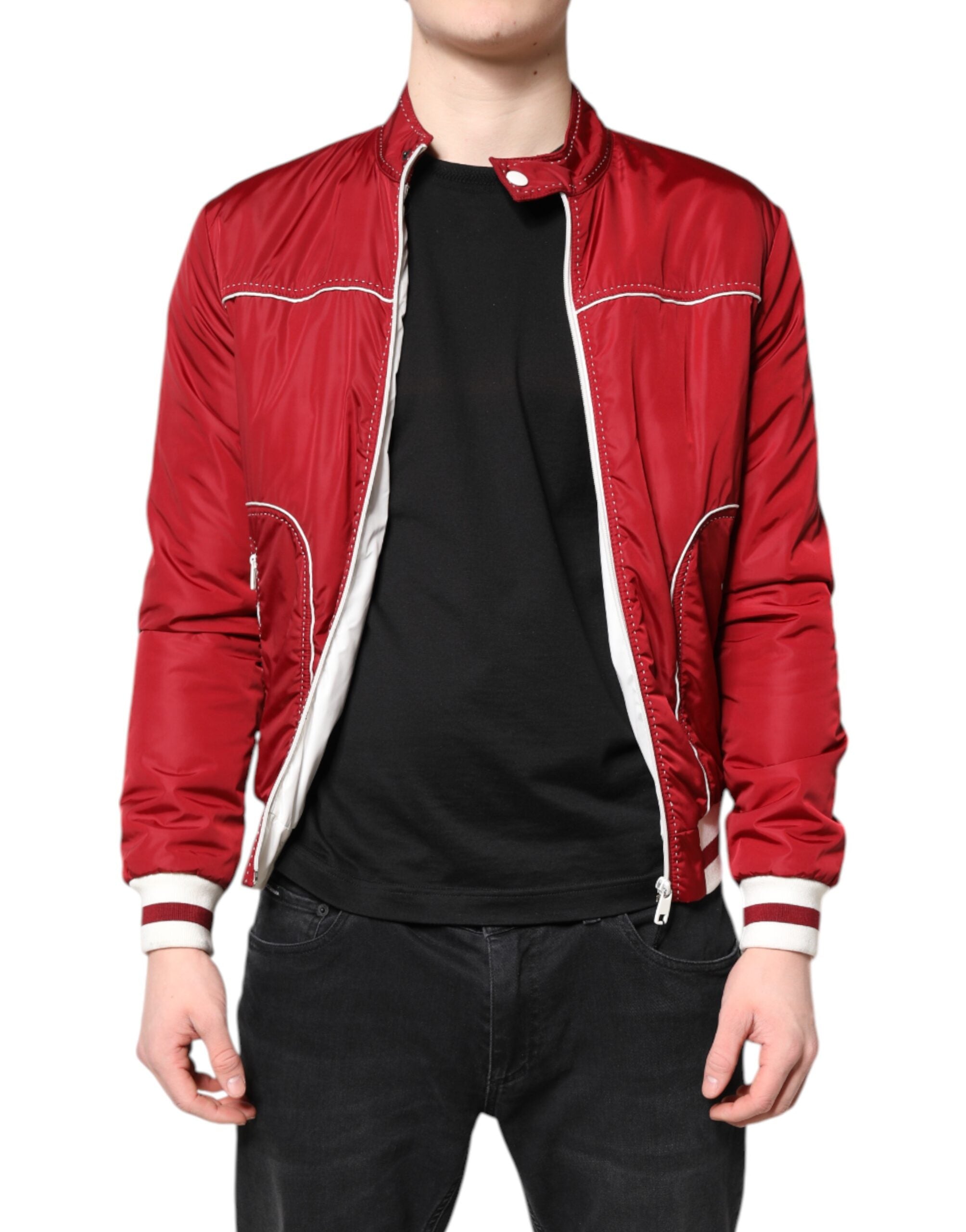 Dolce &amp; Gabbana – Rot-weiße Nylon-Bomberjacke mit durchgehendem Reißverschluss für Herren