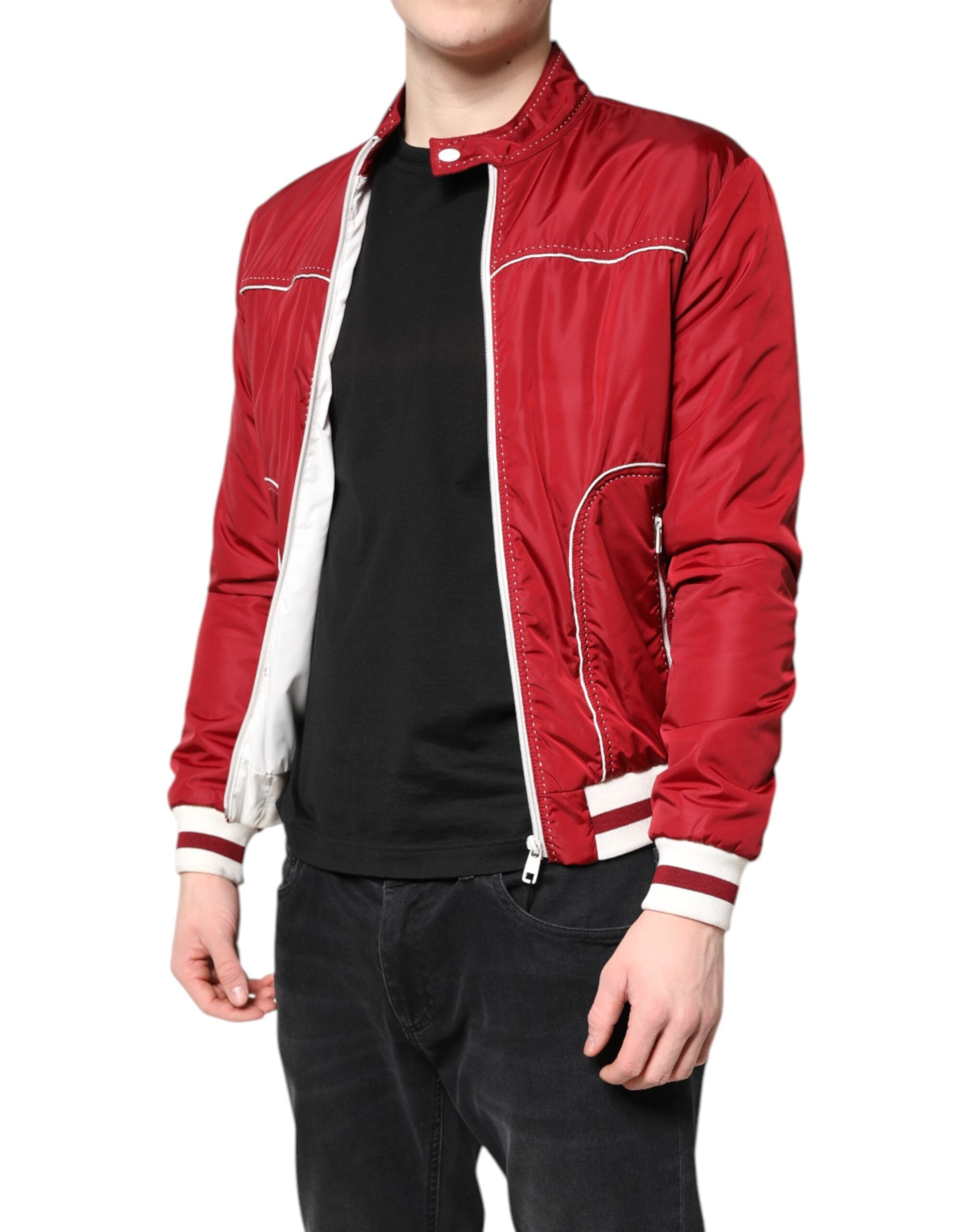 Dolce &amp; Gabbana – Rot-weiße Nylon-Bomberjacke mit durchgehendem Reißverschluss für Herren