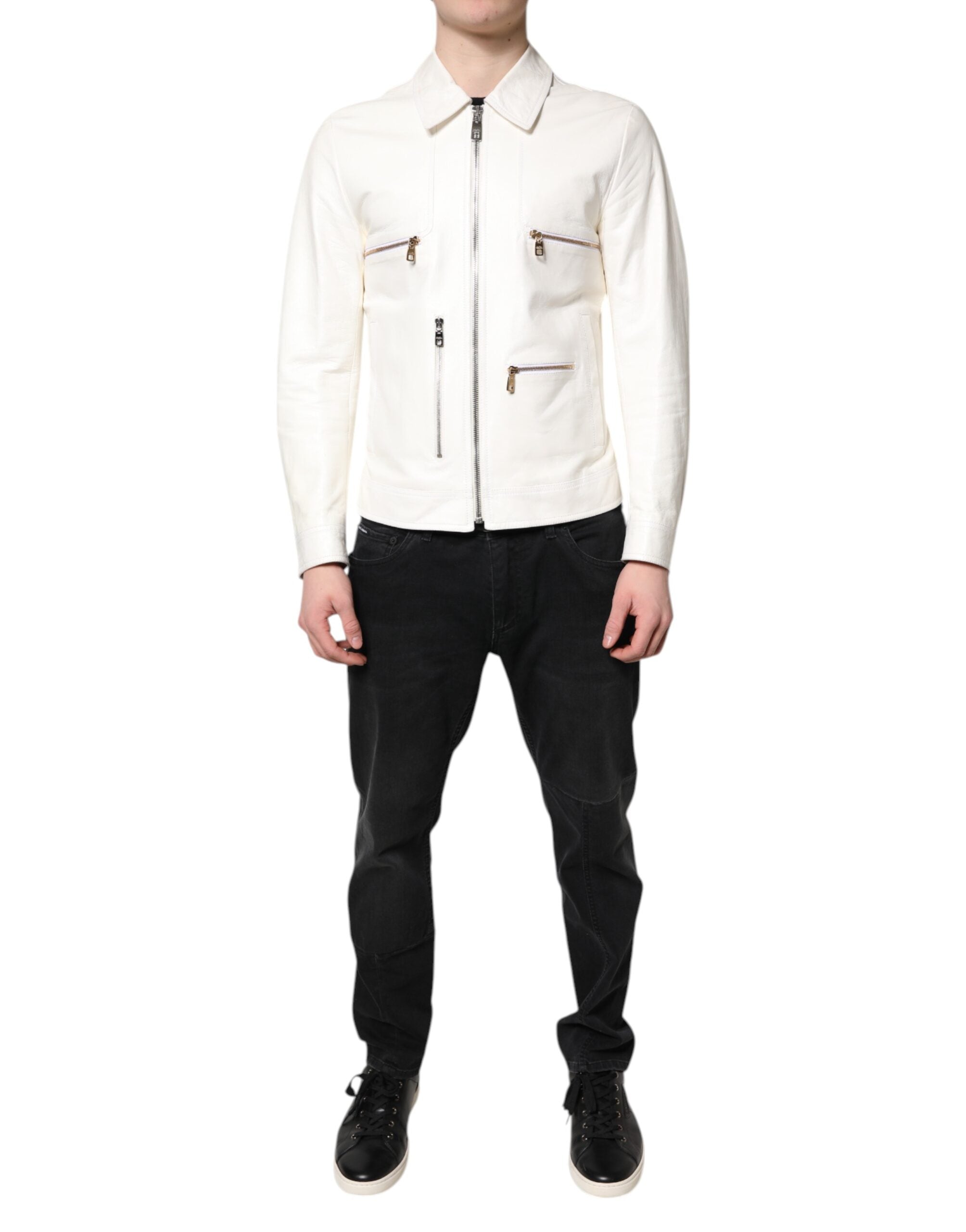 Dolce &amp; Gabbana – Weiße Bikerjacke mit durchgehendem Reißverschluss und Kragen