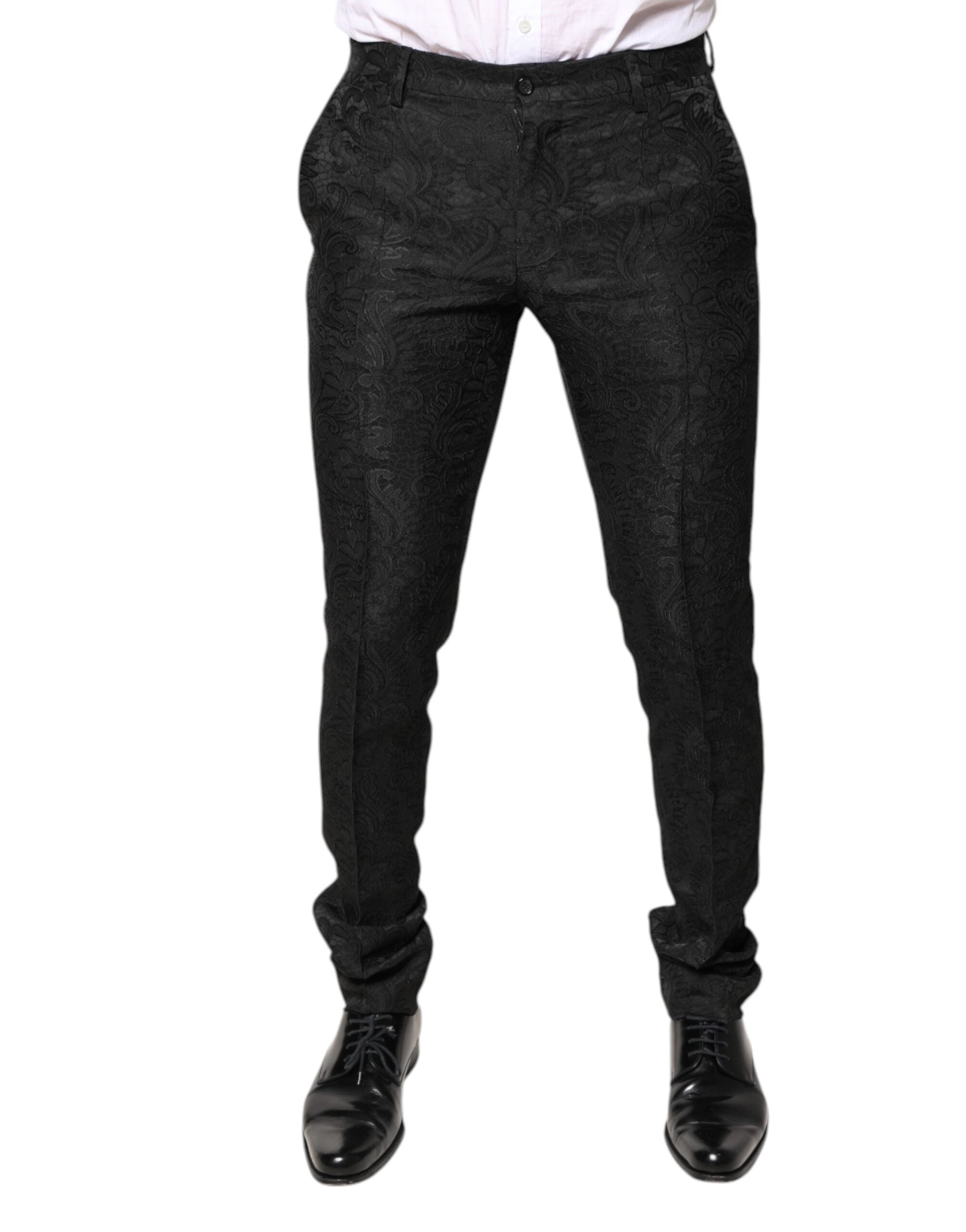 Dolce &amp; Gabbana – Schwarze Anzughose aus Jacquard mit Blumenmuster und mittlerer Taille