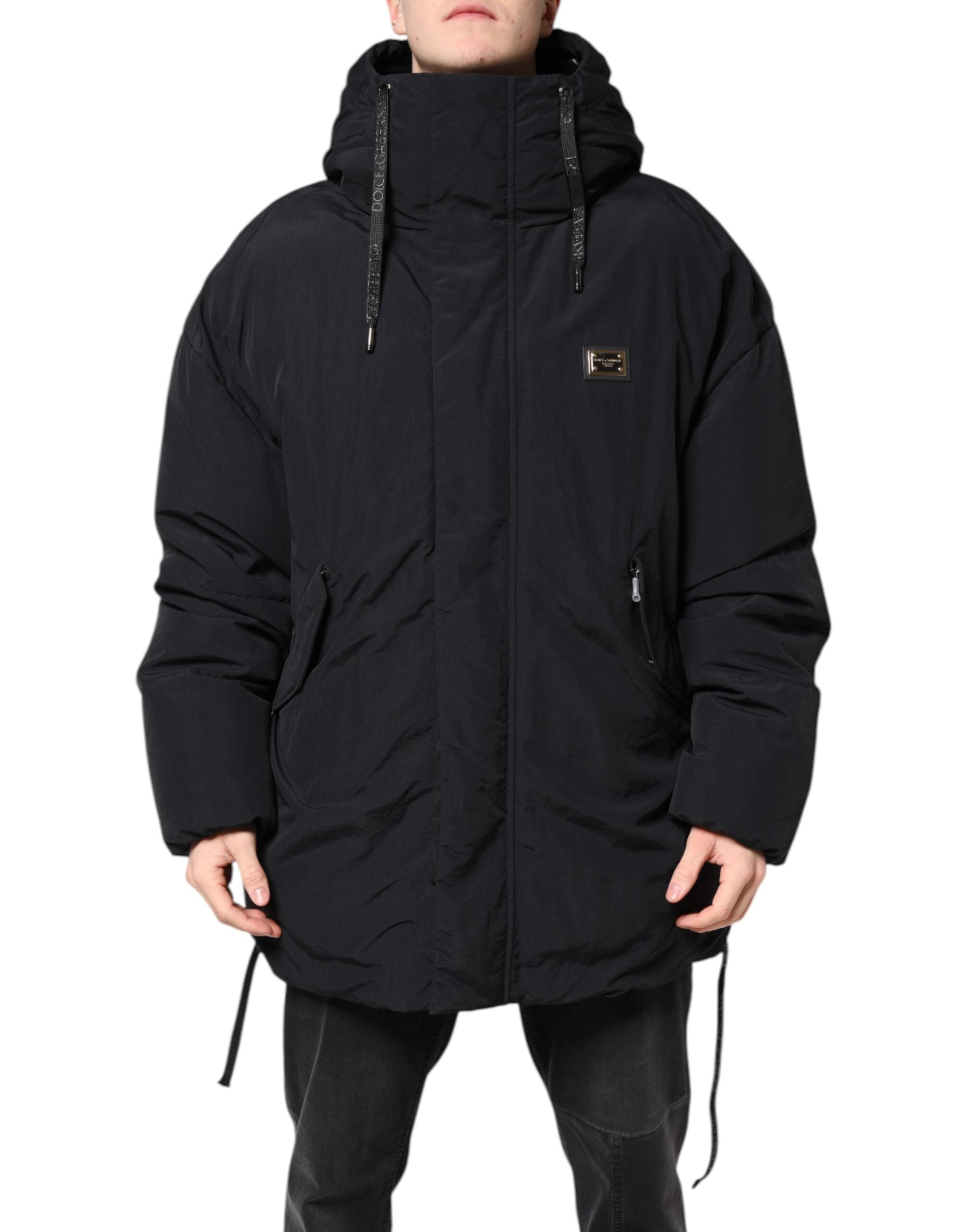 Dolce &amp; Gabbana – Parka aus schwarzem Nylon mit durchgehendem Reißverschluss und Kapuze