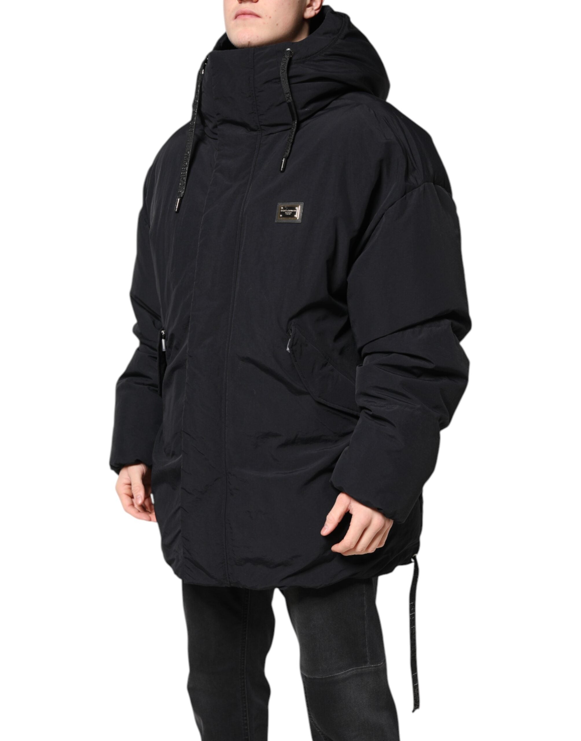 Dolce &amp; Gabbana – Parka aus schwarzem Nylon mit durchgehendem Reißverschluss und Kapuze