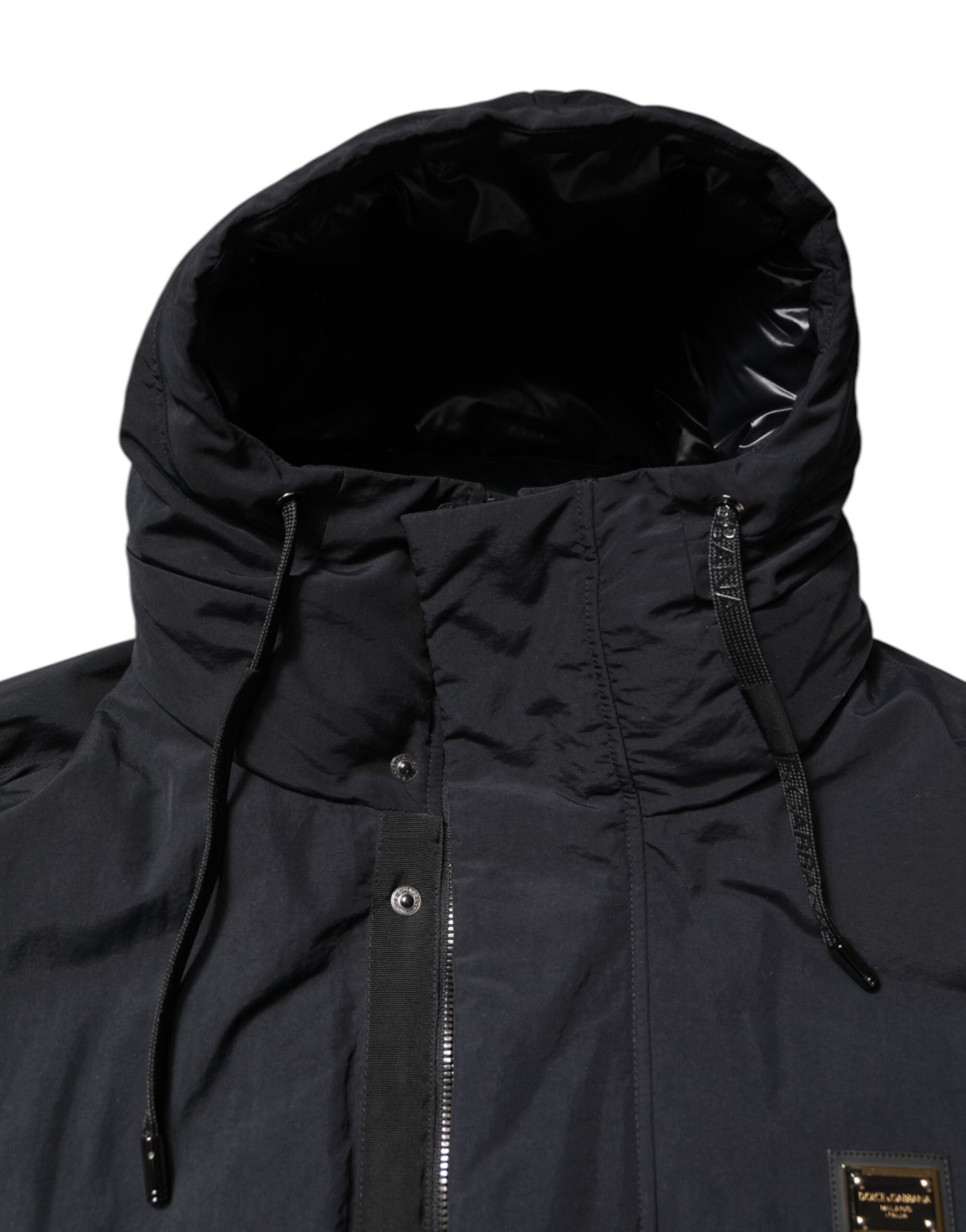 Dolce &amp; Gabbana – Parka aus schwarzem Nylon mit durchgehendem Reißverschluss und Kapuze