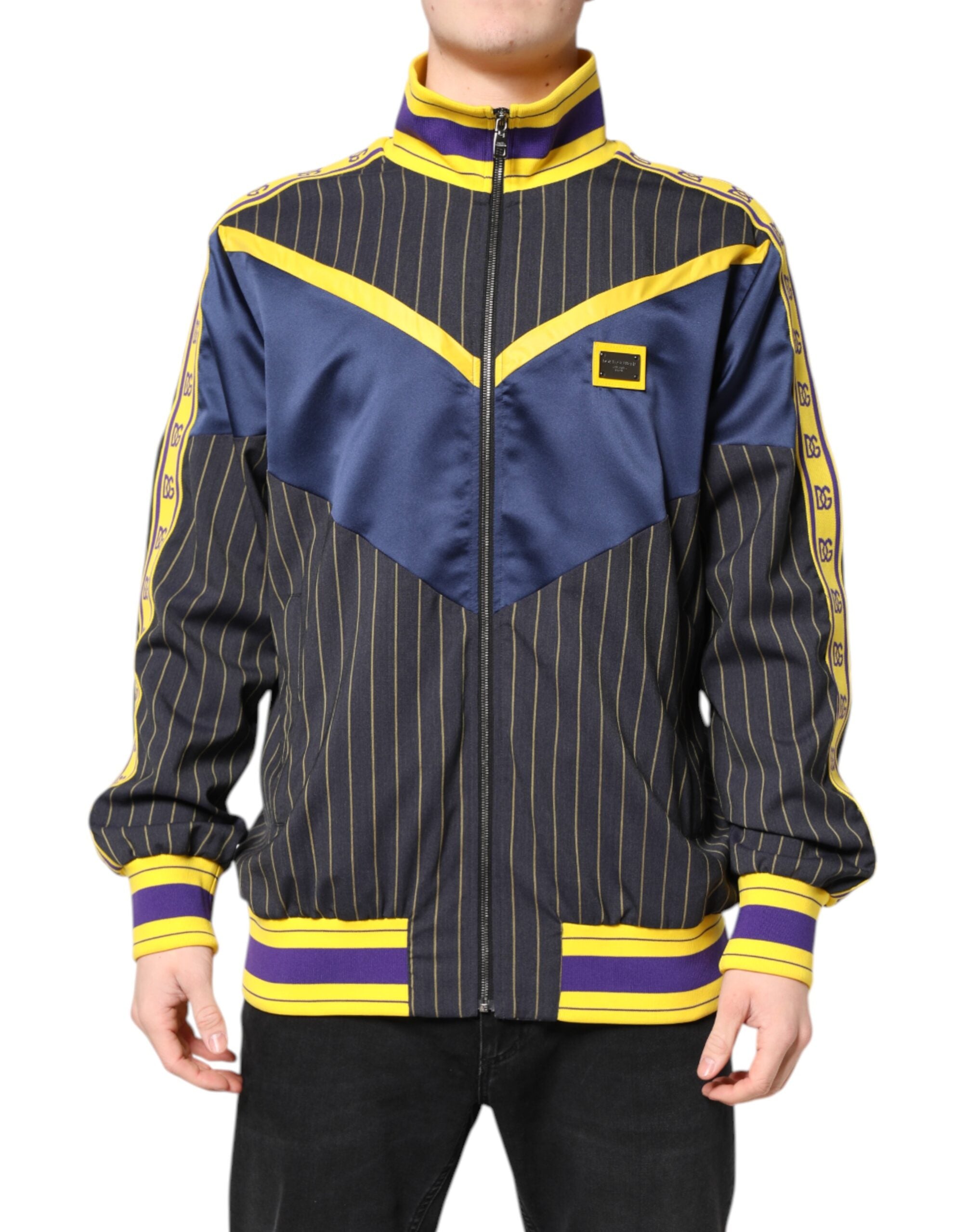 Dolce &amp; Gabbana – Schwarze Bomberjacke mit durchgehendem Reißverschluss und gestreiftem Logo