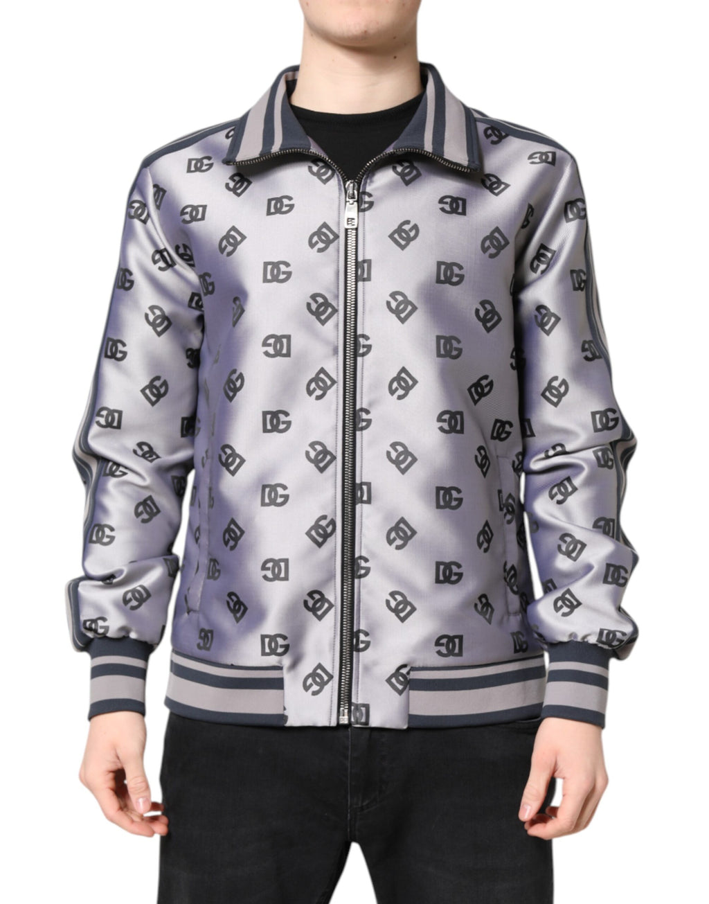 Dolce &amp; Gabbana – Graue Bomberjacke mit durchgehendem Reißverschluss und Logo-Monogramm