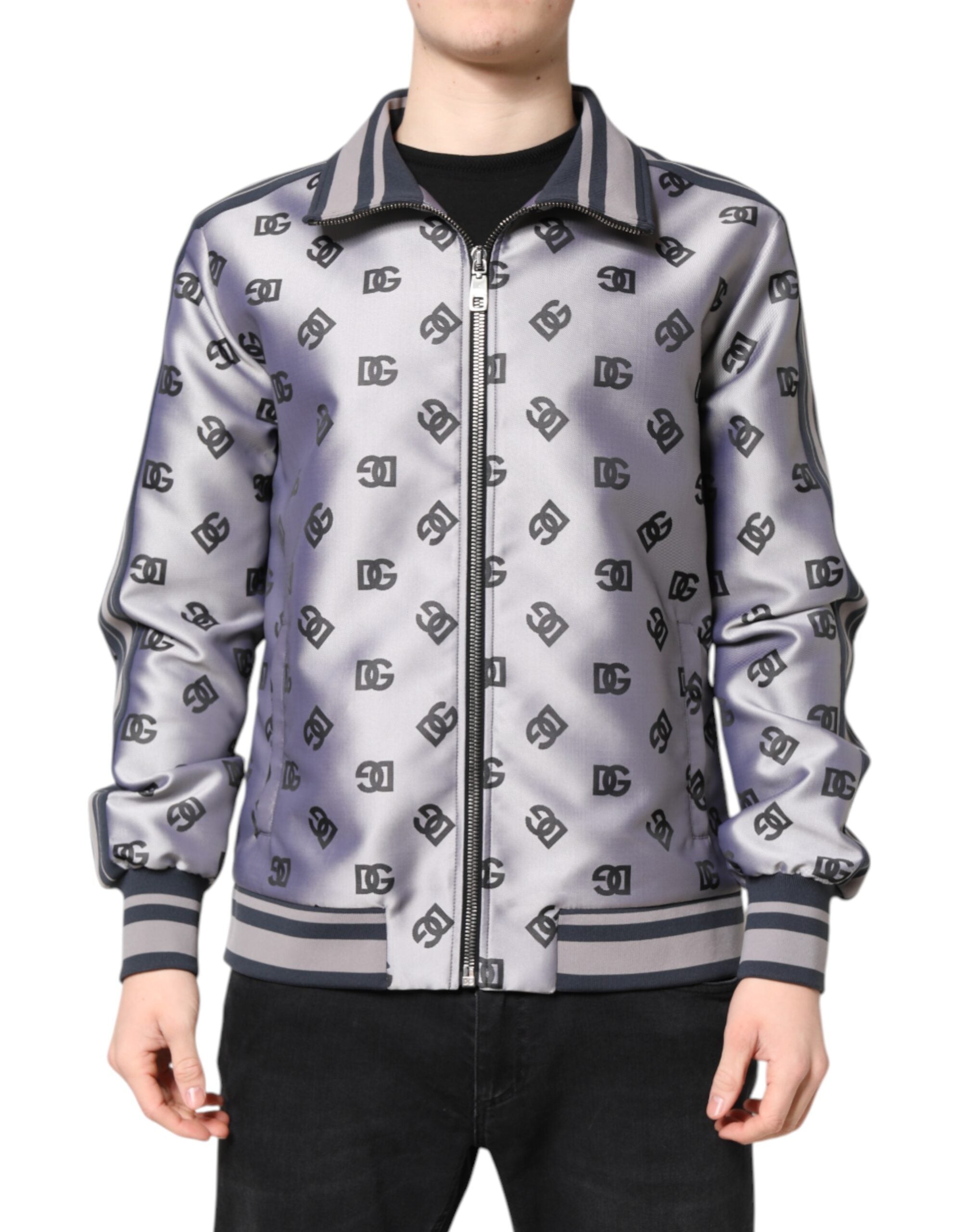 Dolce &amp; Gabbana – Graue Bomberjacke mit durchgehendem Reißverschluss und Logo-Monogramm